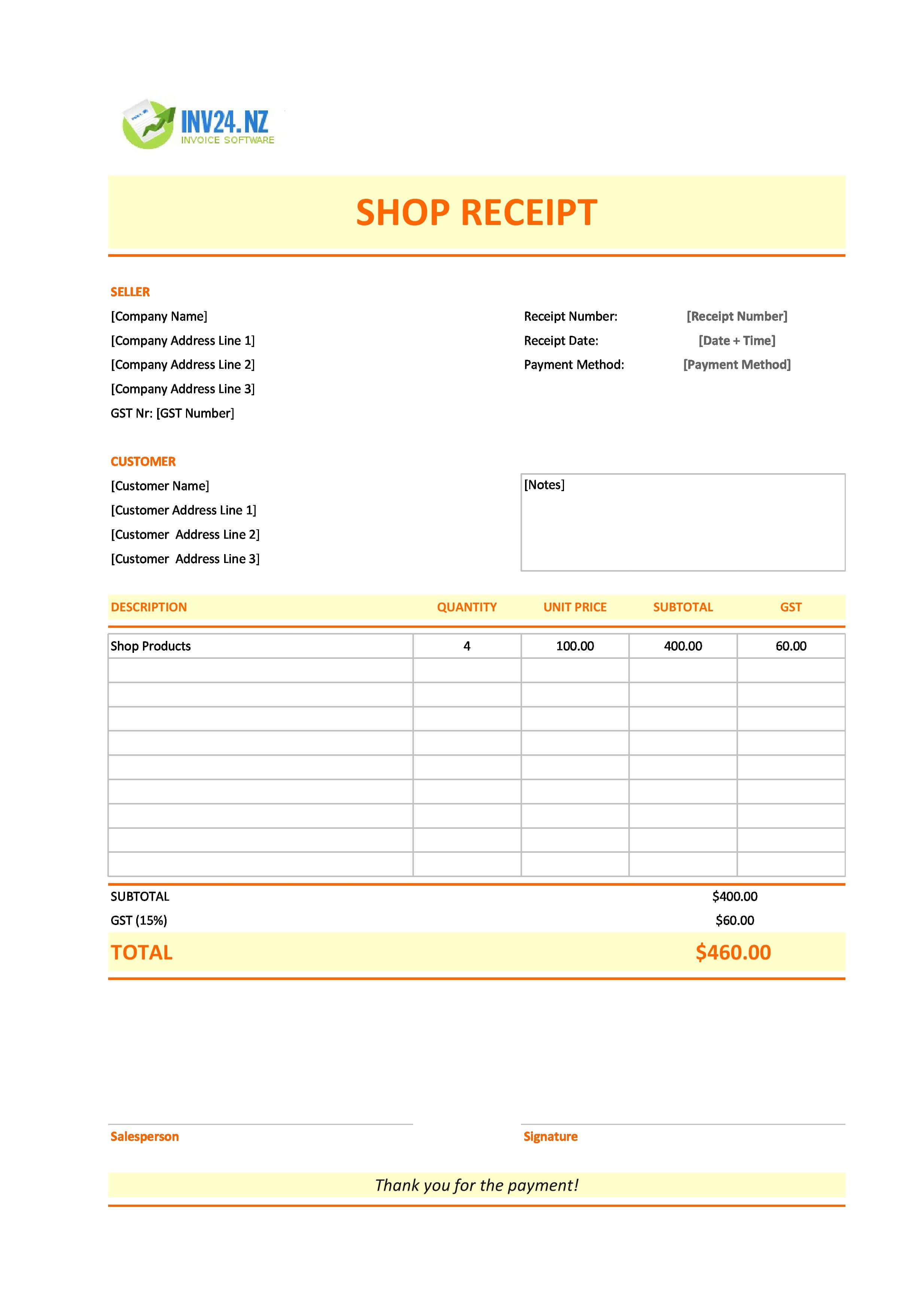 Shop Receipt Template for New Zealand (Excel / Google Sheets)