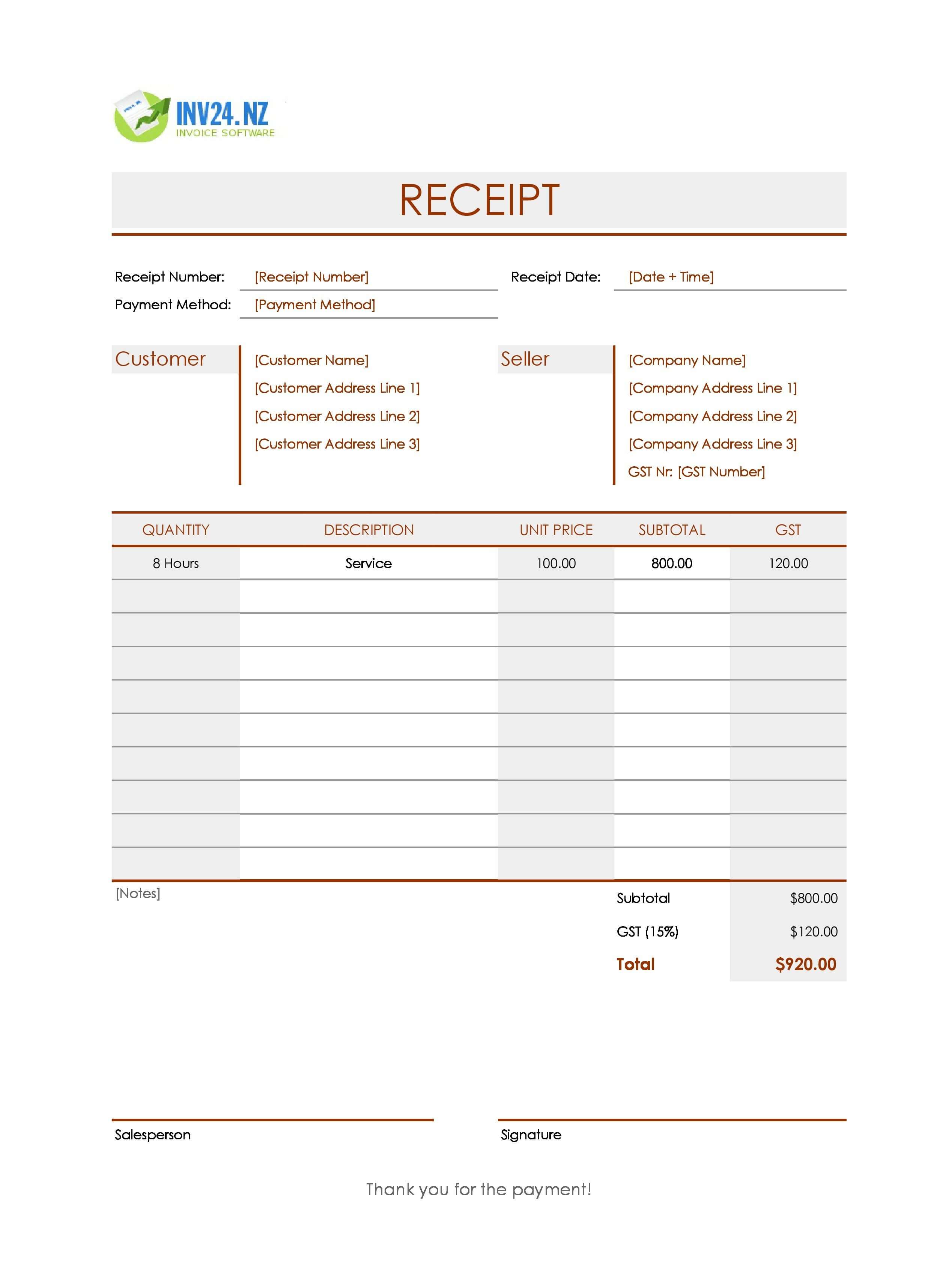 Simple Receipt Template for New Zealand (Excel / Google Sheets)