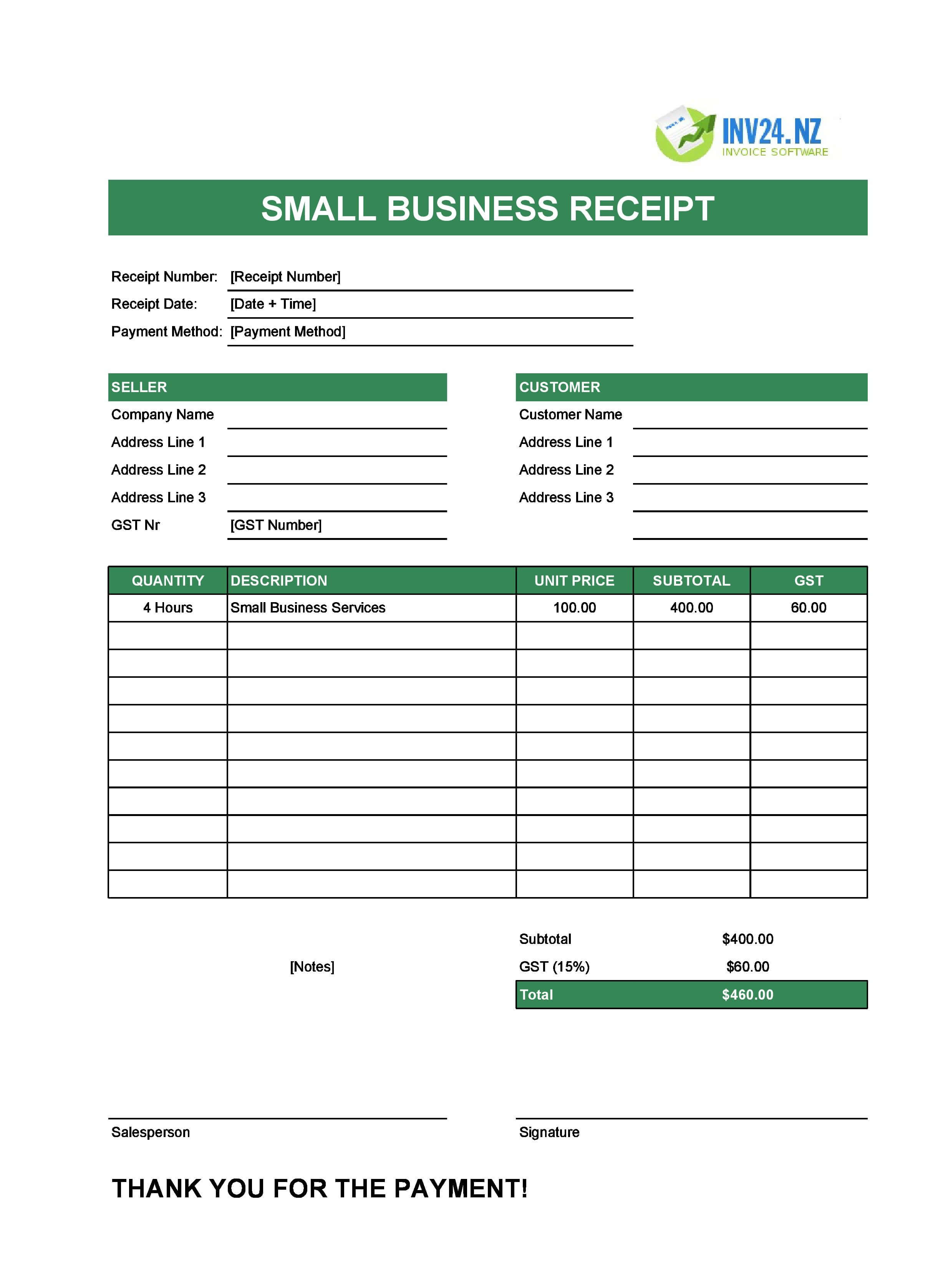 Small Business Receipt Template for New Zealand (Excel / Google Sheets)