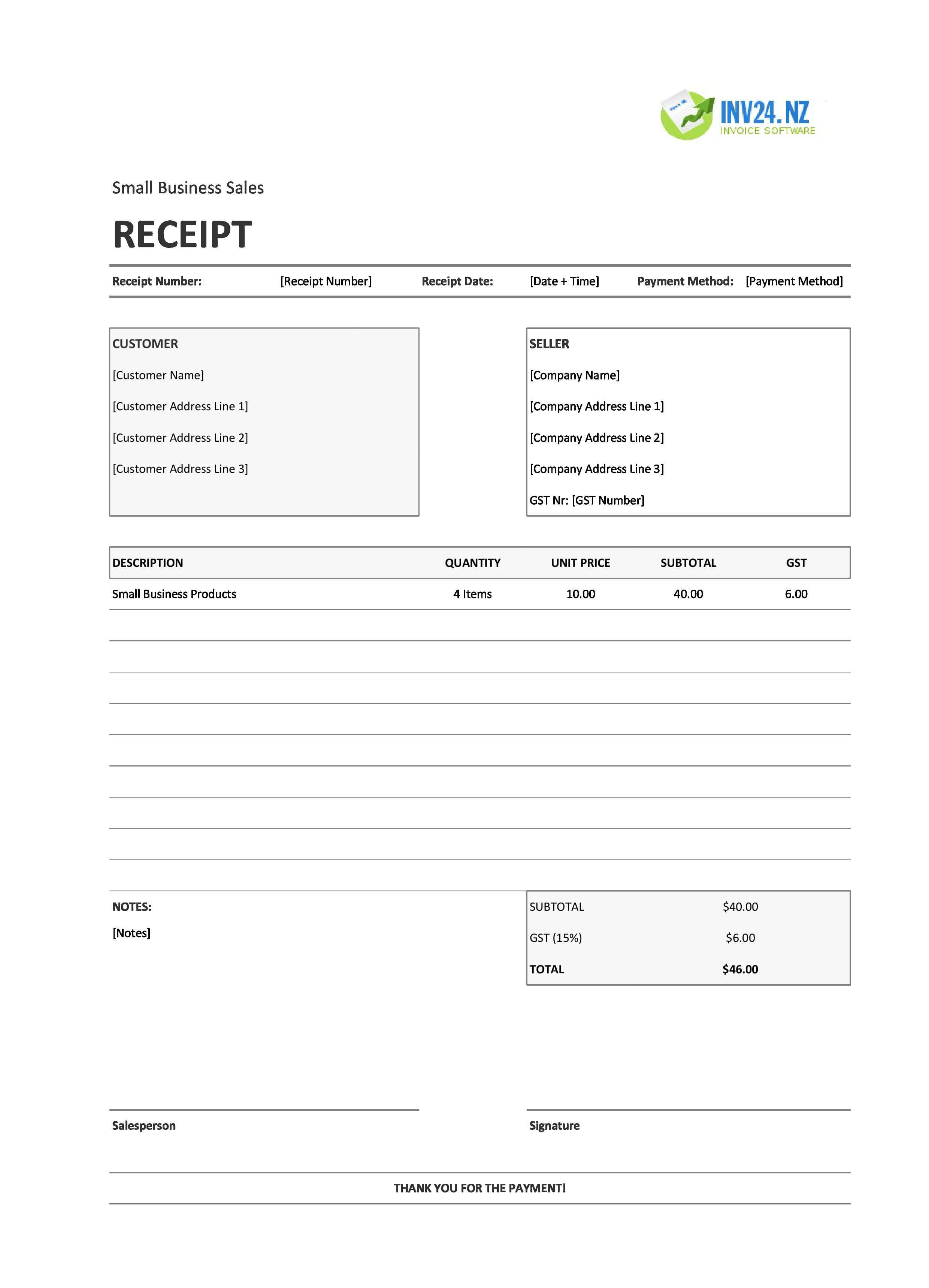 Small Business Sales Receipt Template for New Zealand (Excel / Google Sheets)