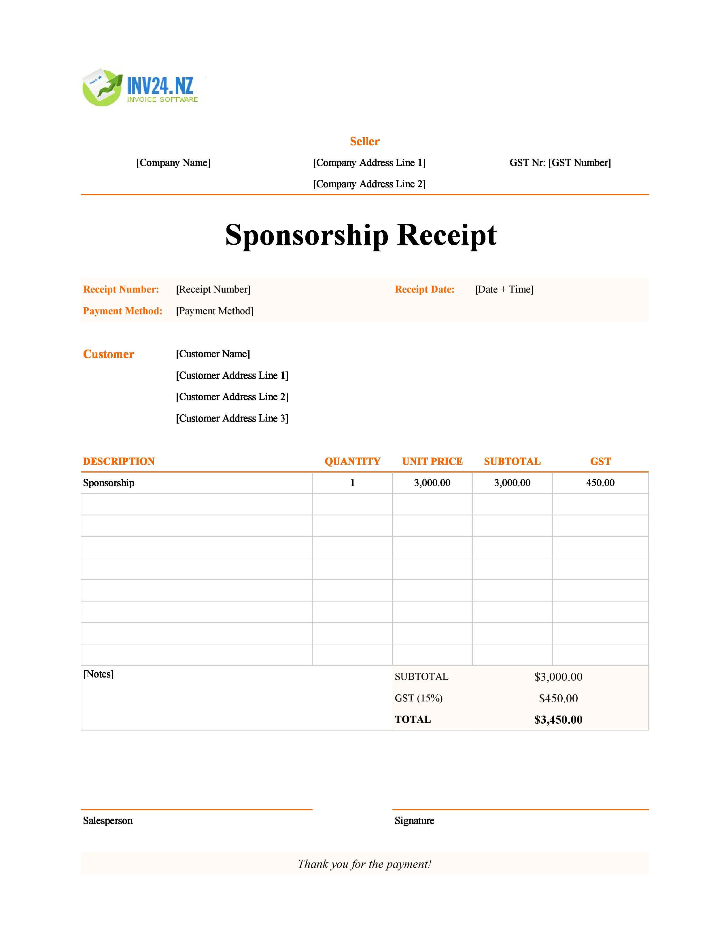 Sponsorship Receipt Template for New Zealand (Excel / Google Sheets)