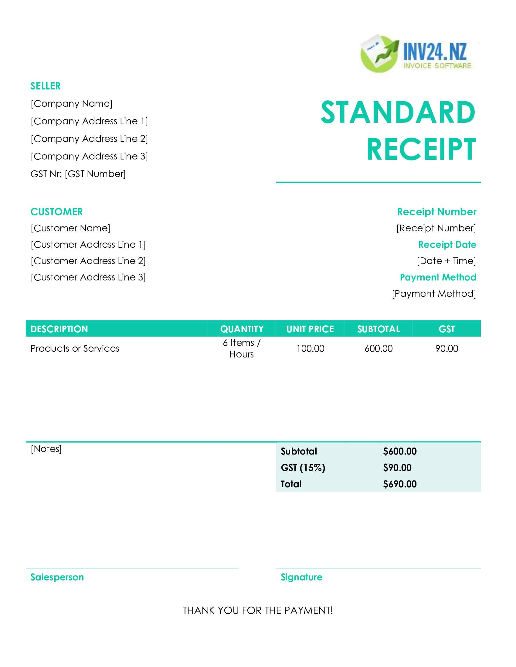 Standard Receipt Template for New Zealand (Word / Google Docs)