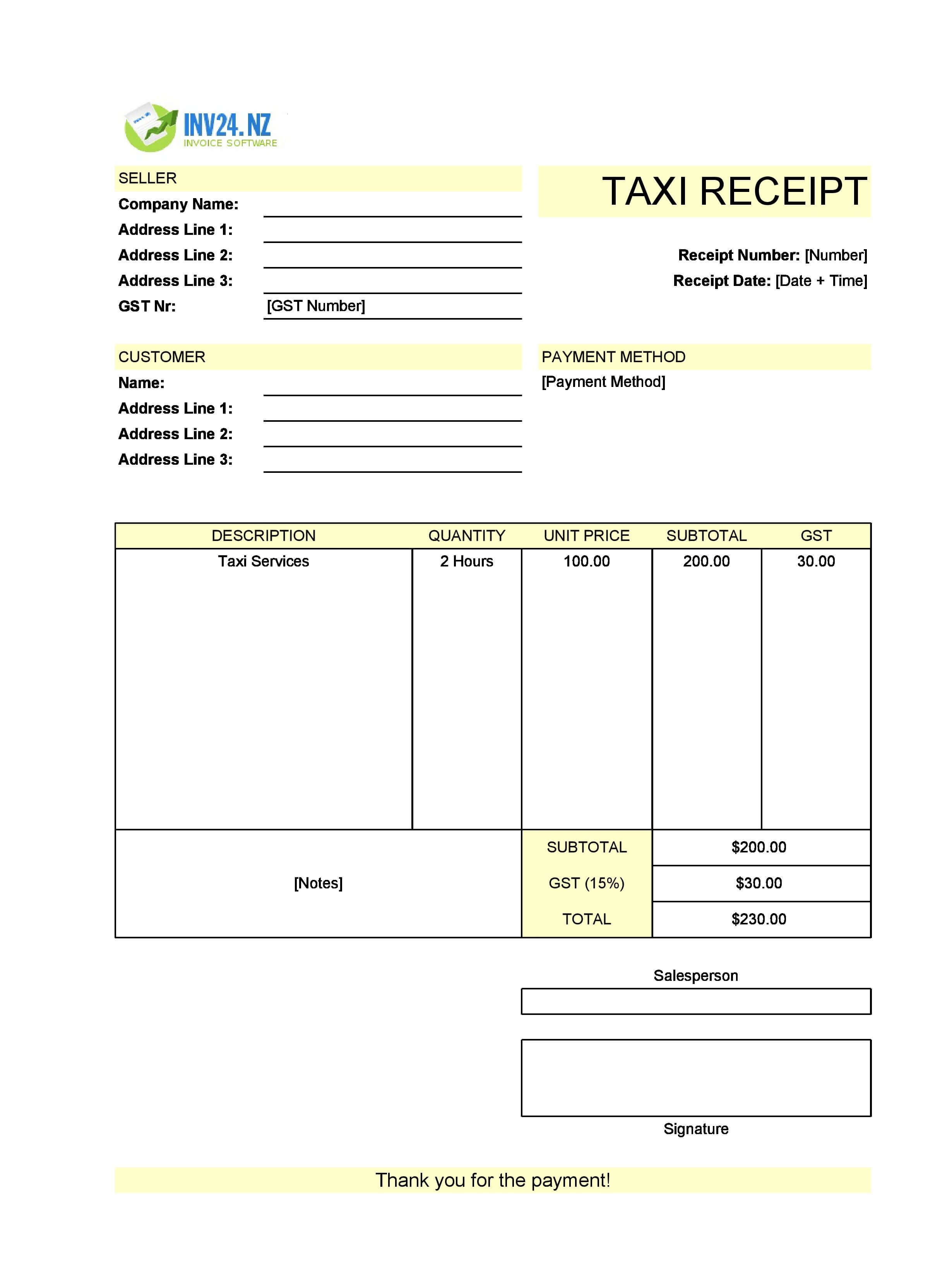 Taxi Receipt Template for New Zealand (Excel / Google Sheets)
