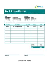bed and breakfast receipt template new zealand