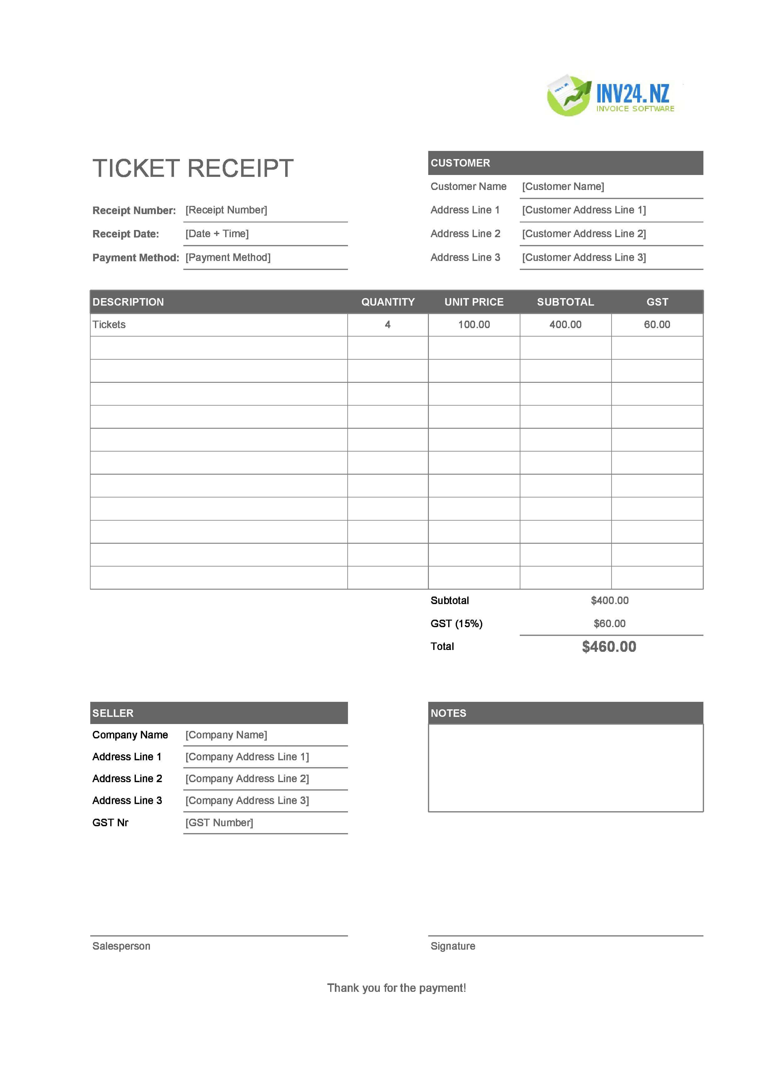 Ticket Receipt Template for New Zealand (Excel / Google Sheets)