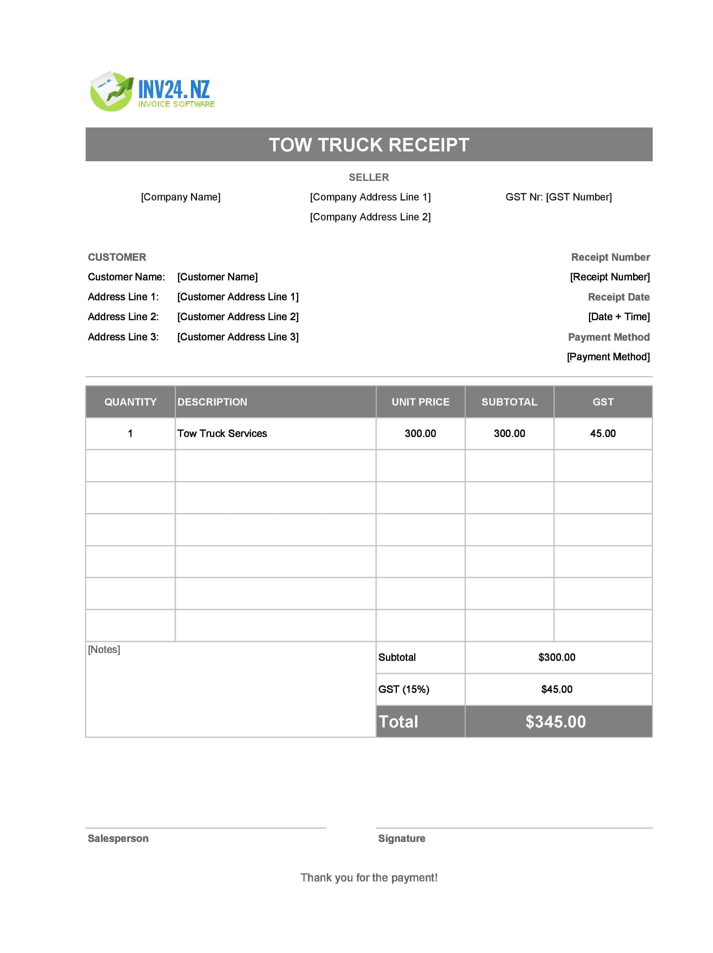 Tow Truck Receipt Template for New Zealand (Excel / Google Sheets)