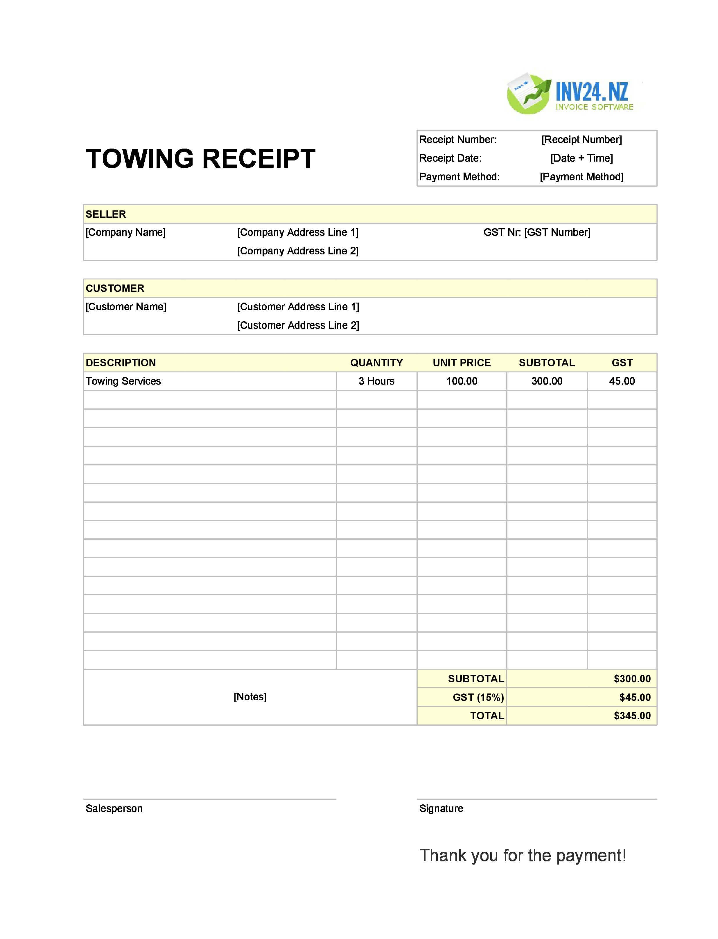 Towing Receipt Template for New Zealand (Excel / Google Sheets)