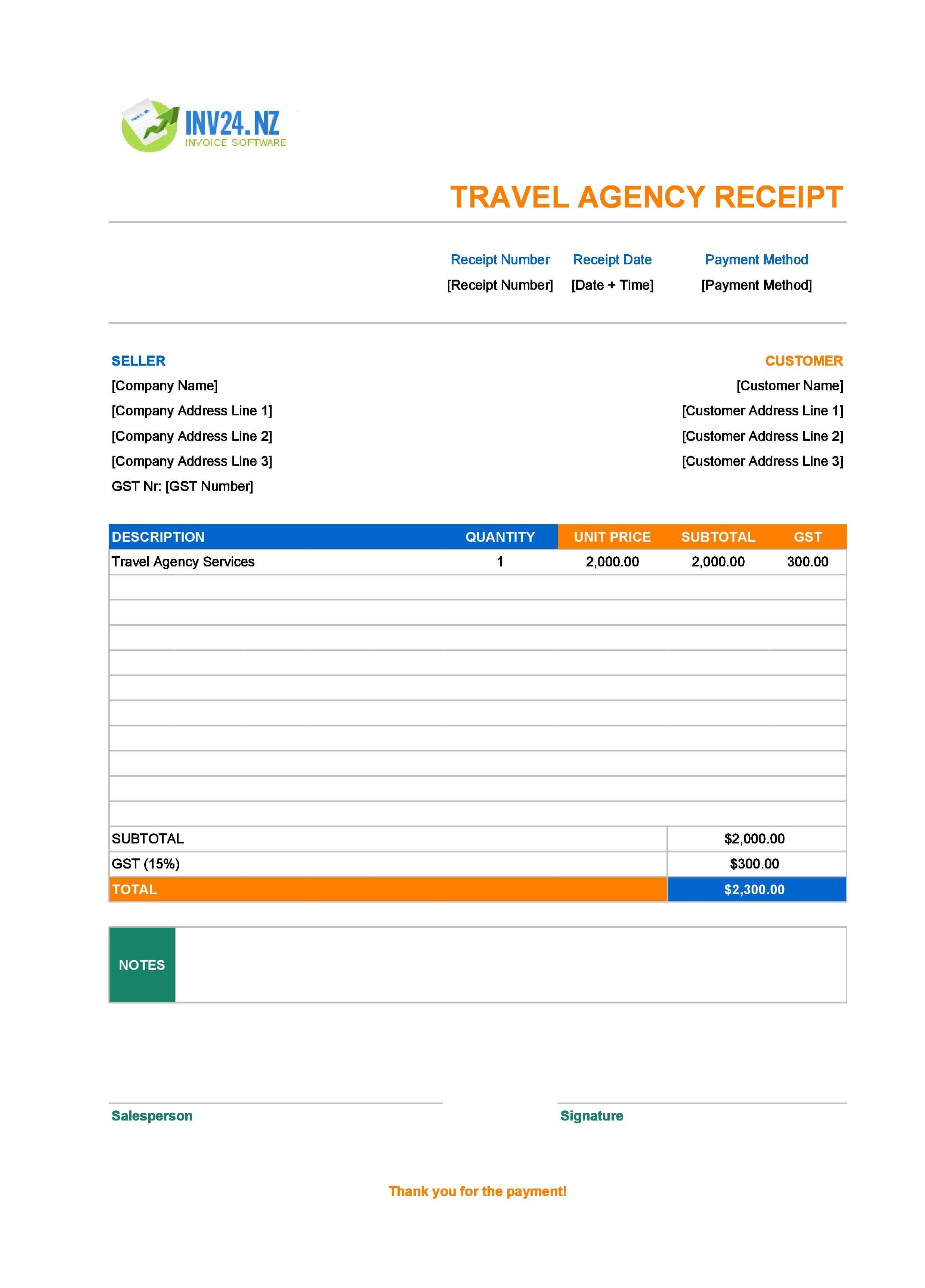 Travel Agency Receipt Template for New Zealand (Excel / Google Sheets)