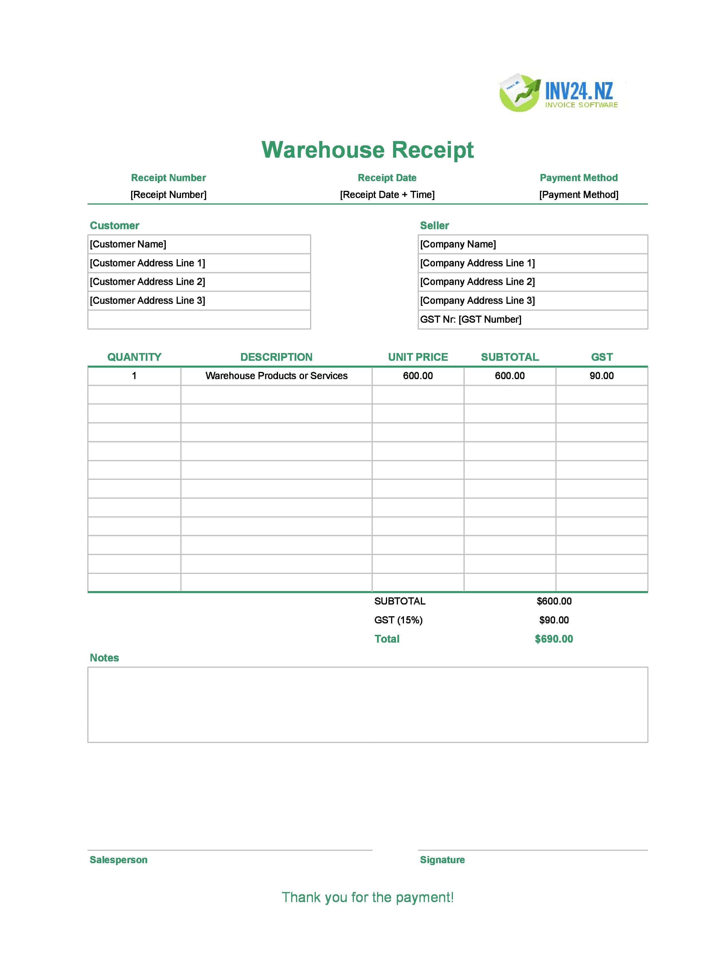 Warehouse Receipt Template for New Zealand (Excel / Google Sheets)