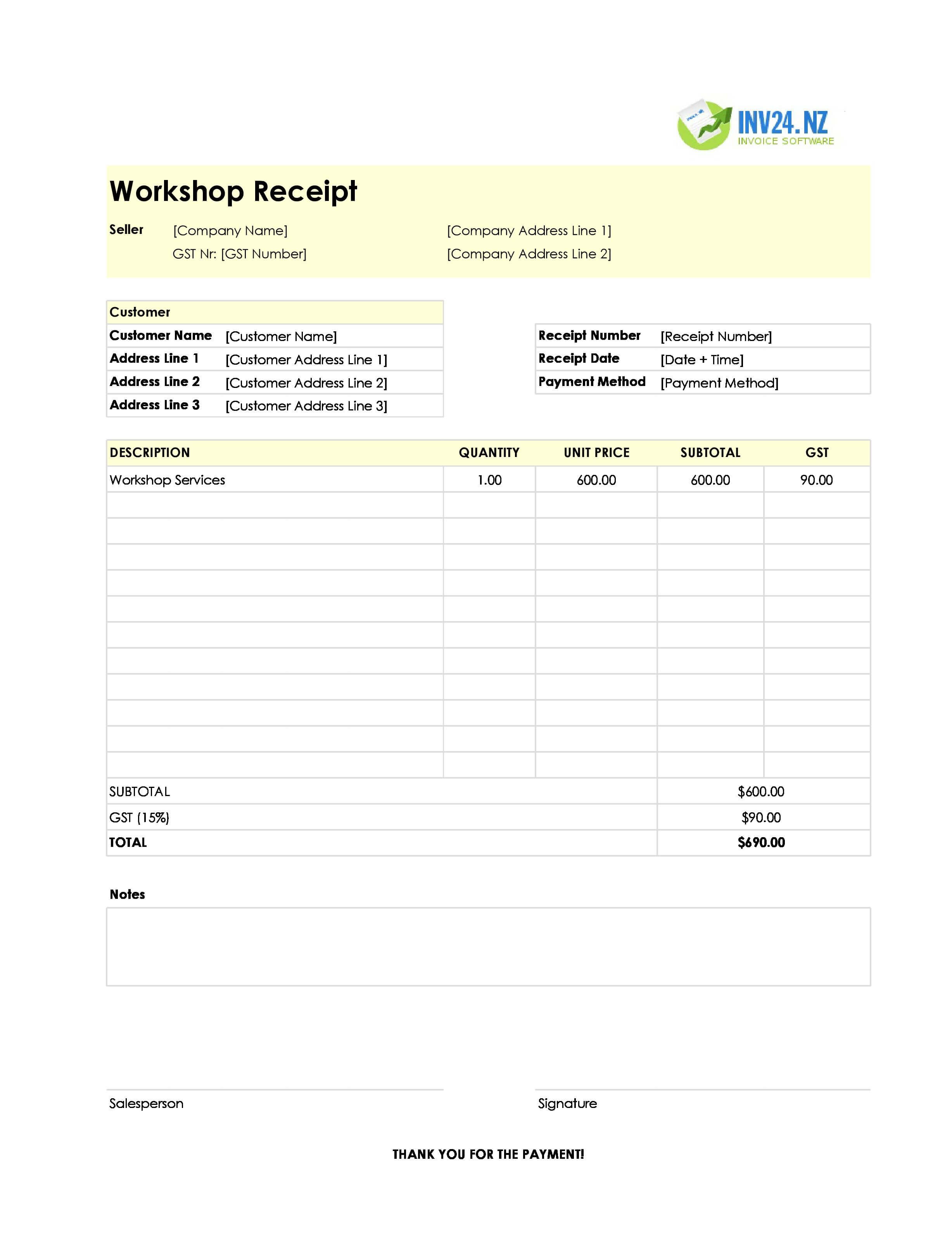 Workshop Receipt Template for New Zealand (Excel / Google Sheets)