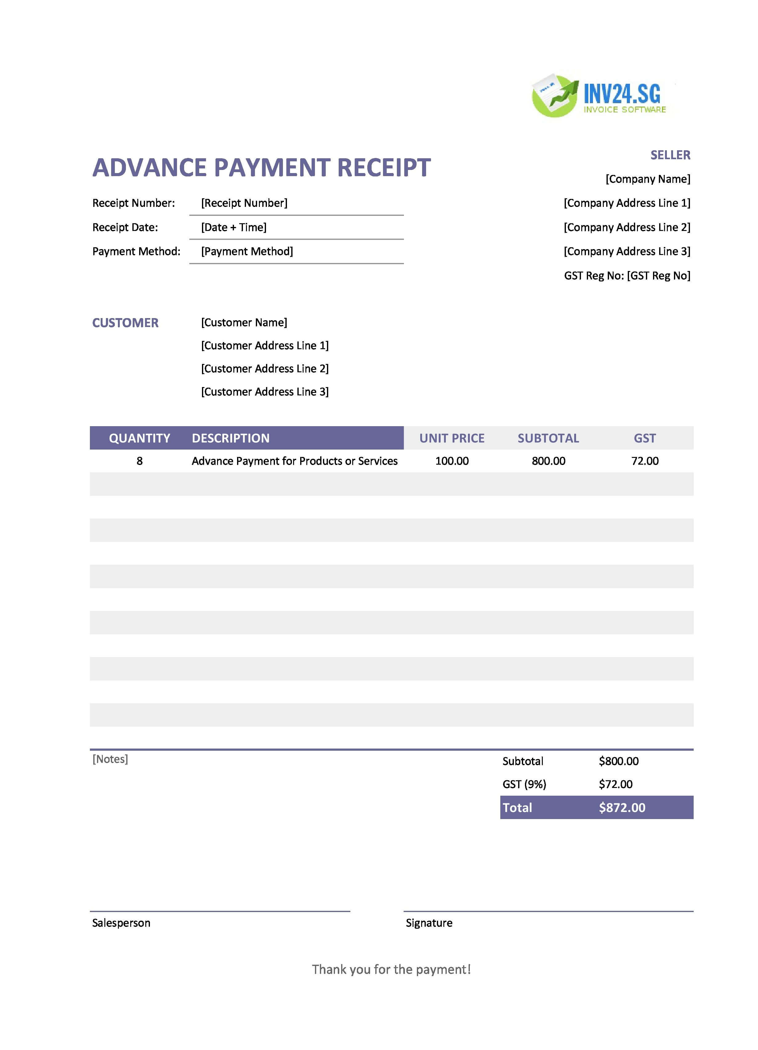 Advance Payment Receipt Template for Singapore (Excel / Google Sheets)