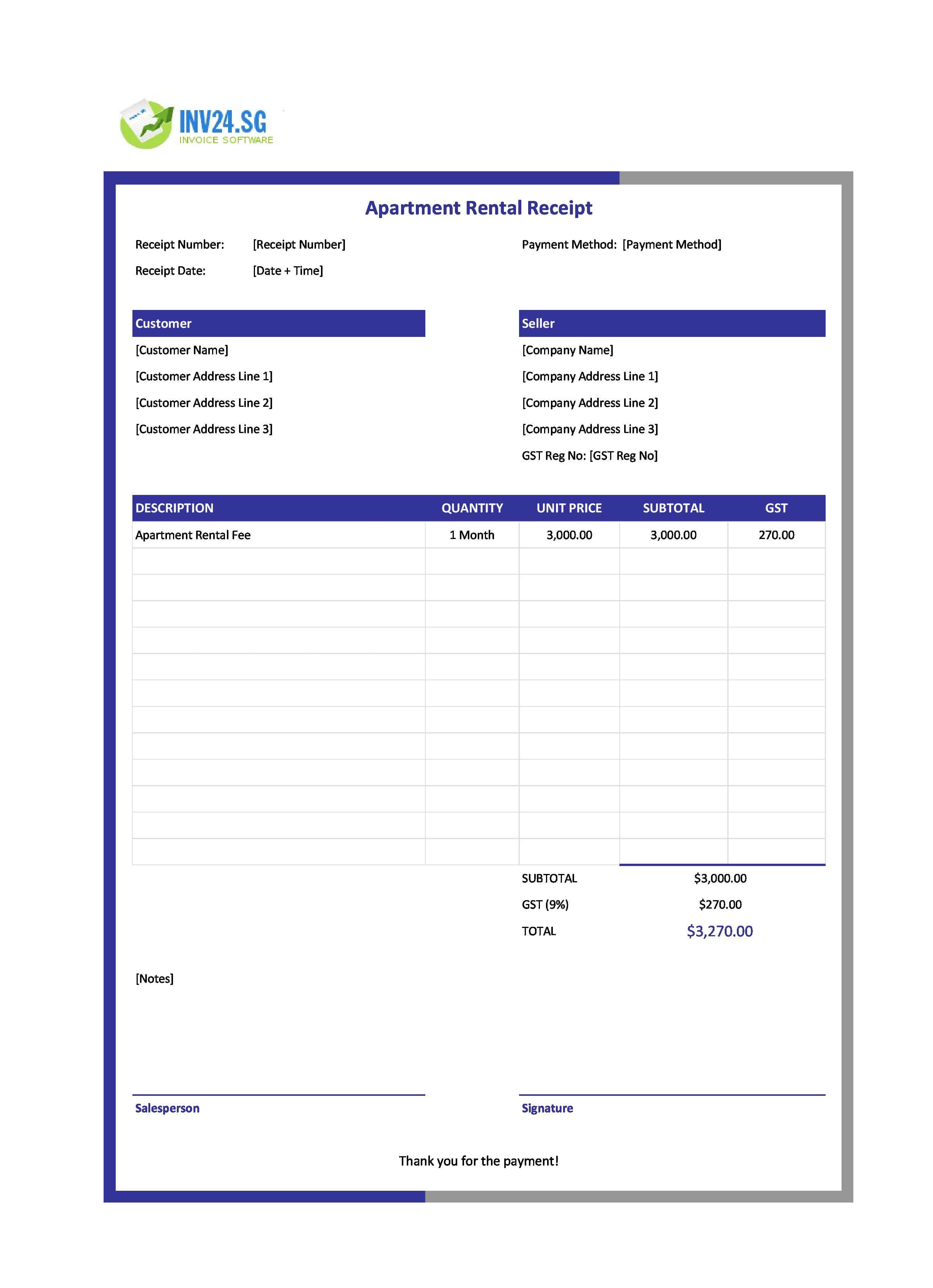 Apartment Rental Receipt Template for Singapore (Excel / Google Sheets)