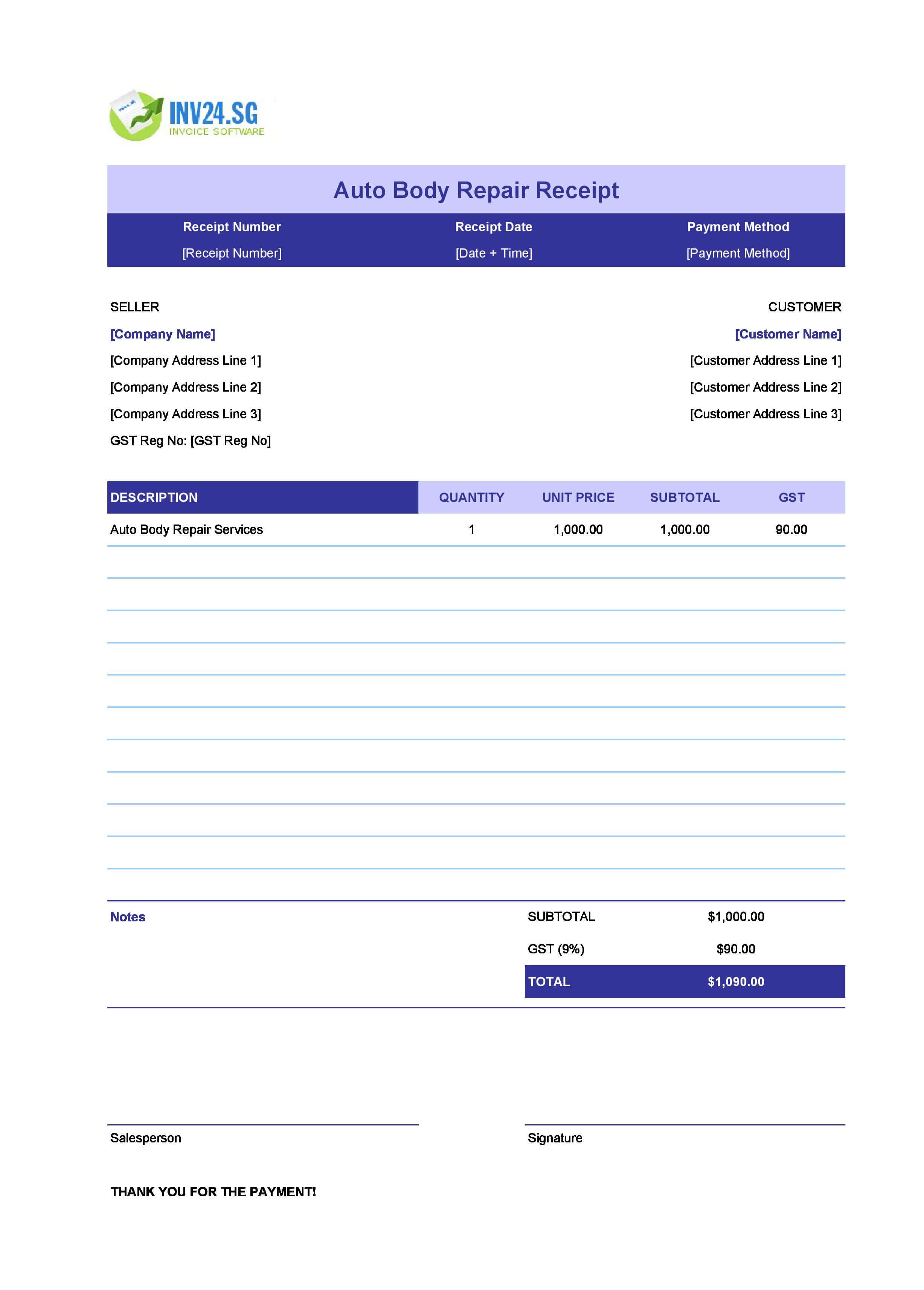 Auto Body Repair Receipt Template for Singapore (Excel / Google Sheets)