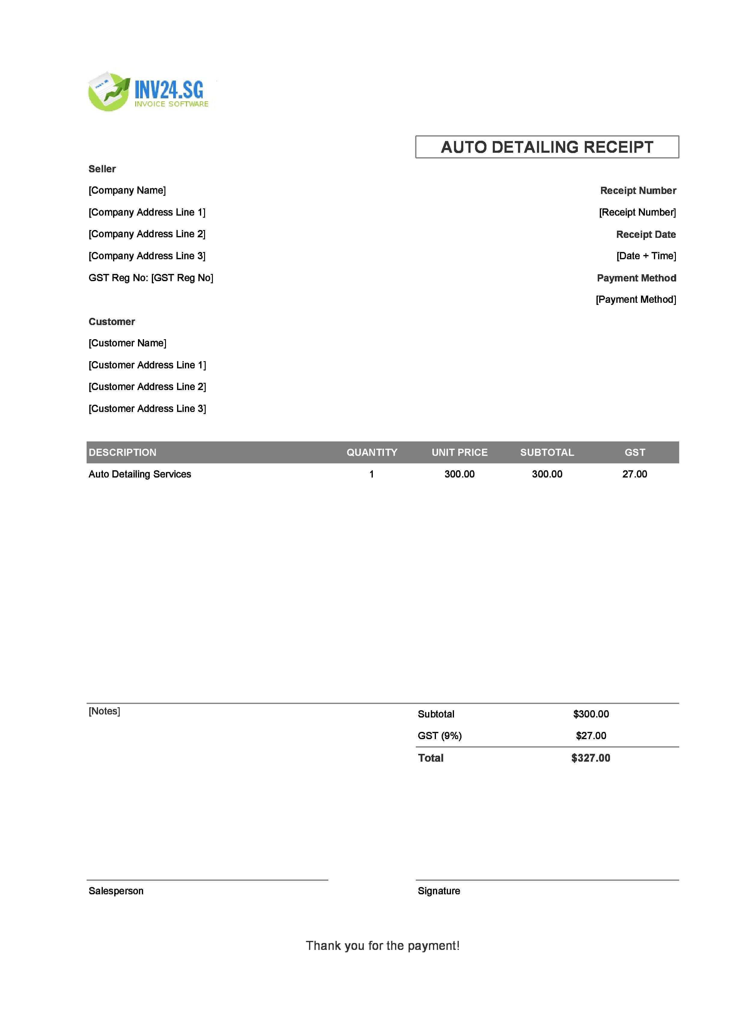 Auto Detailing Receipt Template for Singapore (Excel / Google Sheets)
