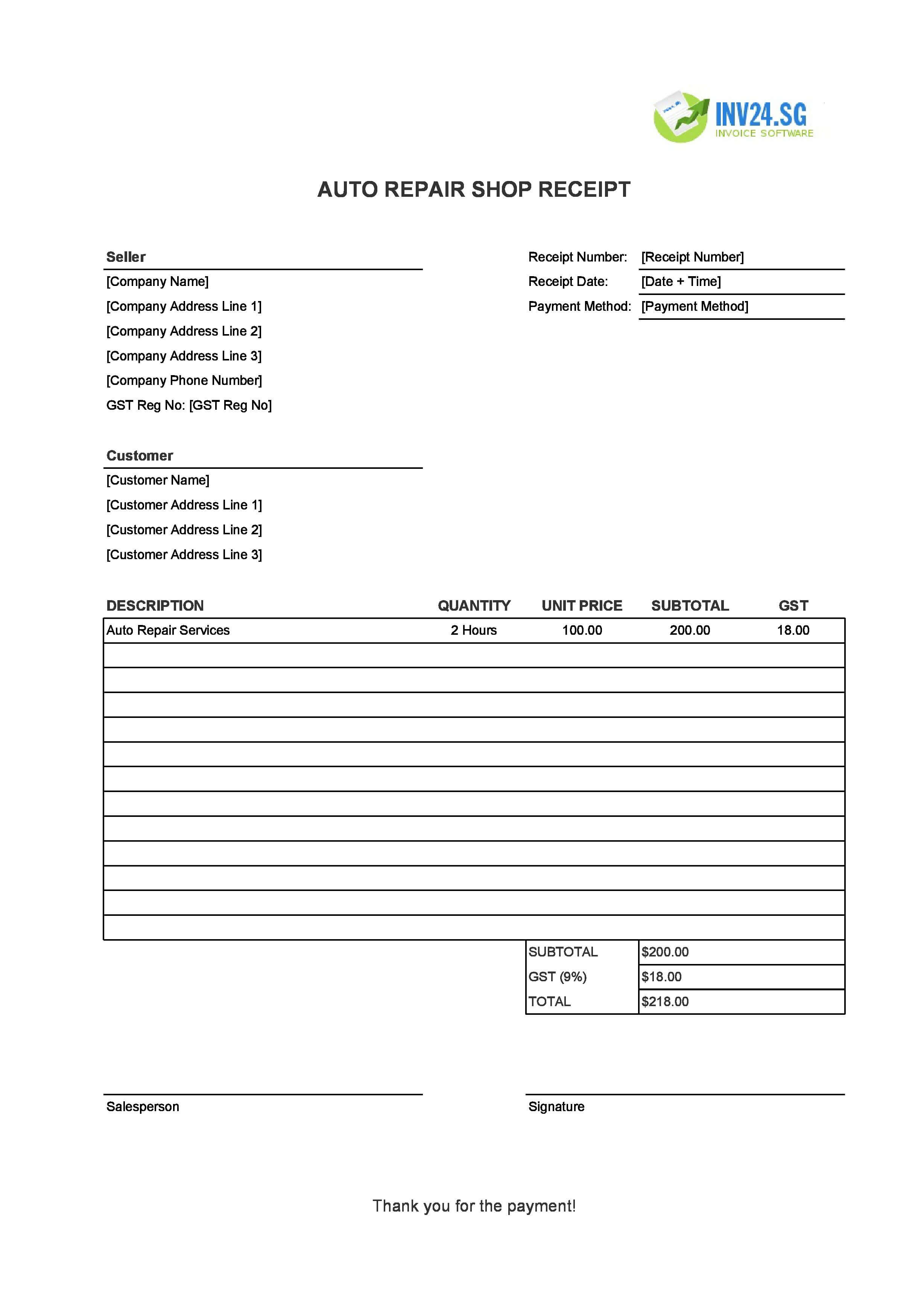 Auto Repair Shop Receipt Template for Singapore (Excel / Google Sheets)