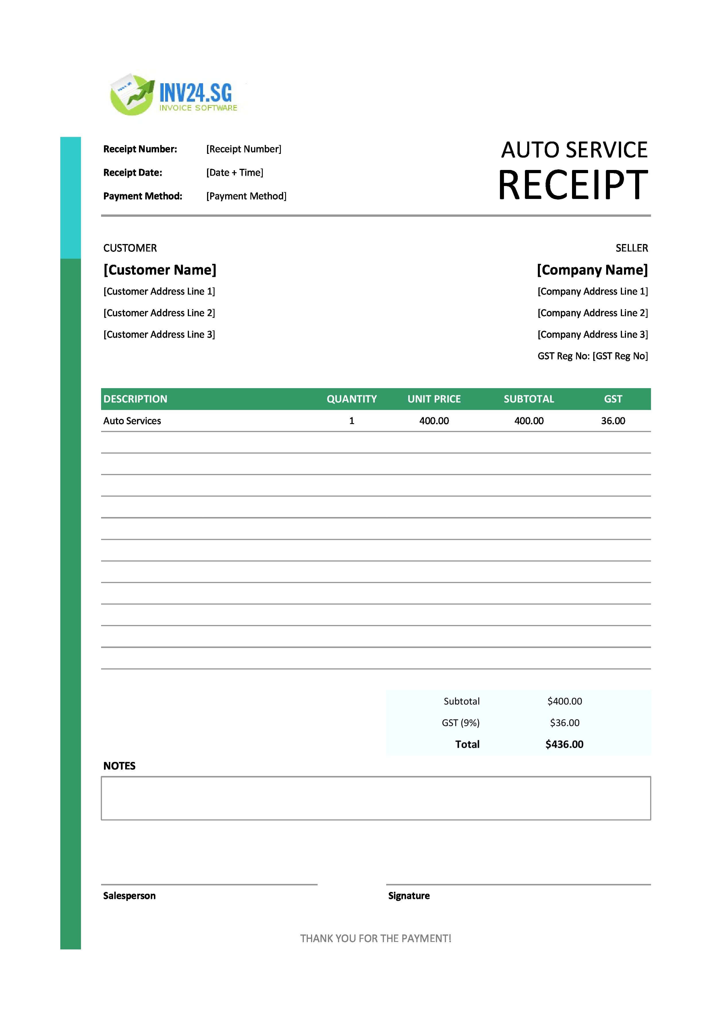 Auto Service Receipt Template for Singapore (Excel / Google Sheets)