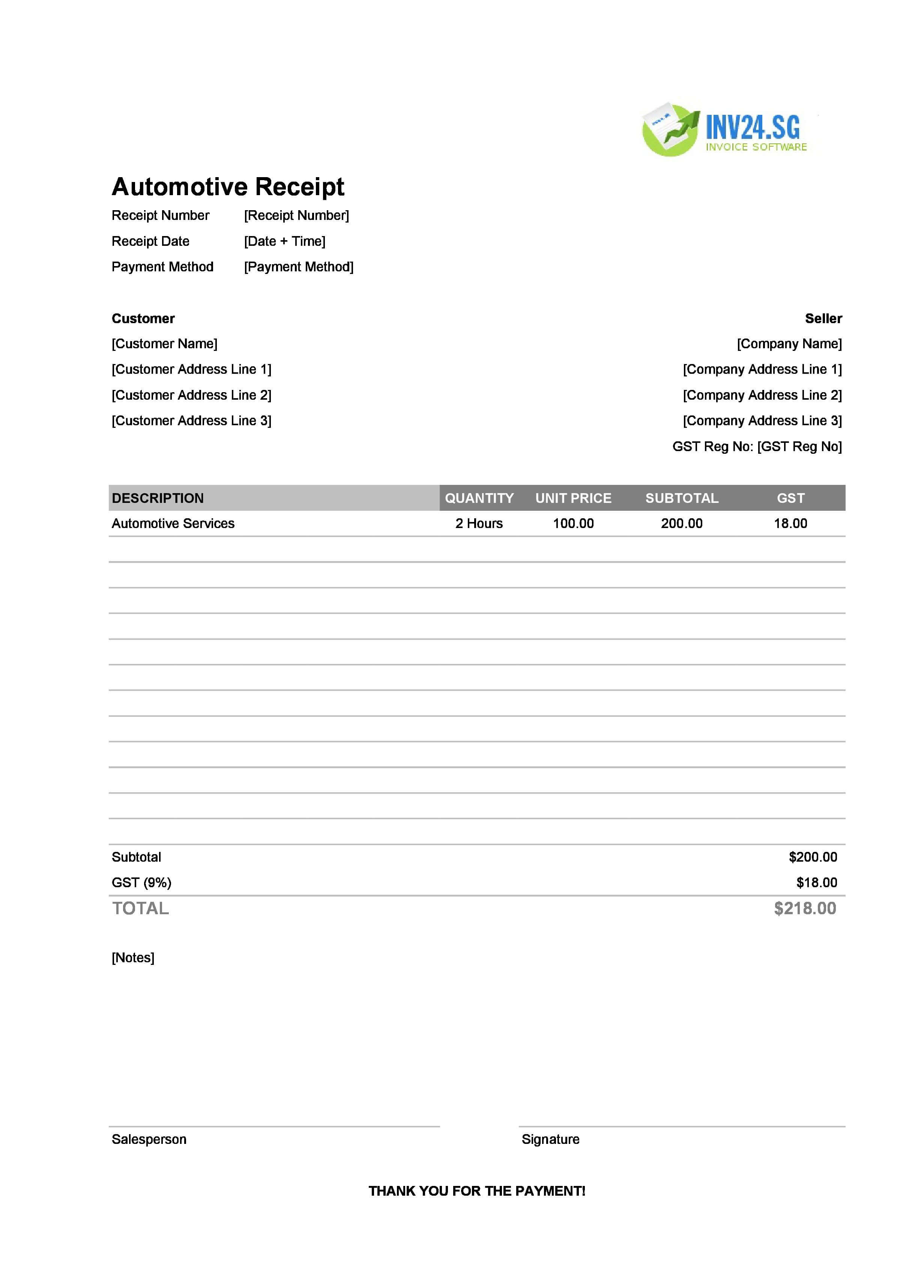 Automotive Receipt Template for Singapore (Excel / Google Sheets)