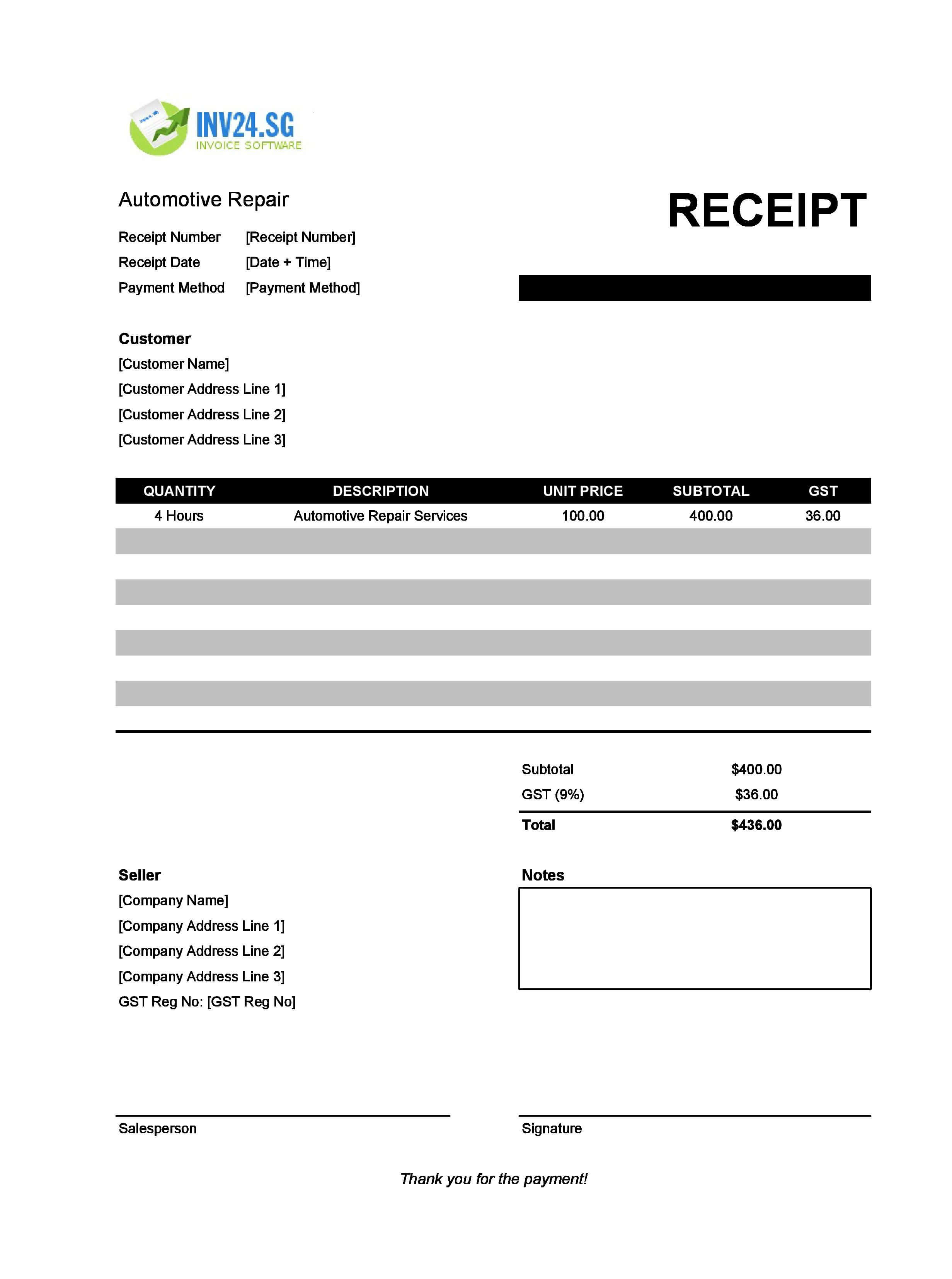Automotive Repair Receipt Template for Singapore (Excel / Google Sheets)