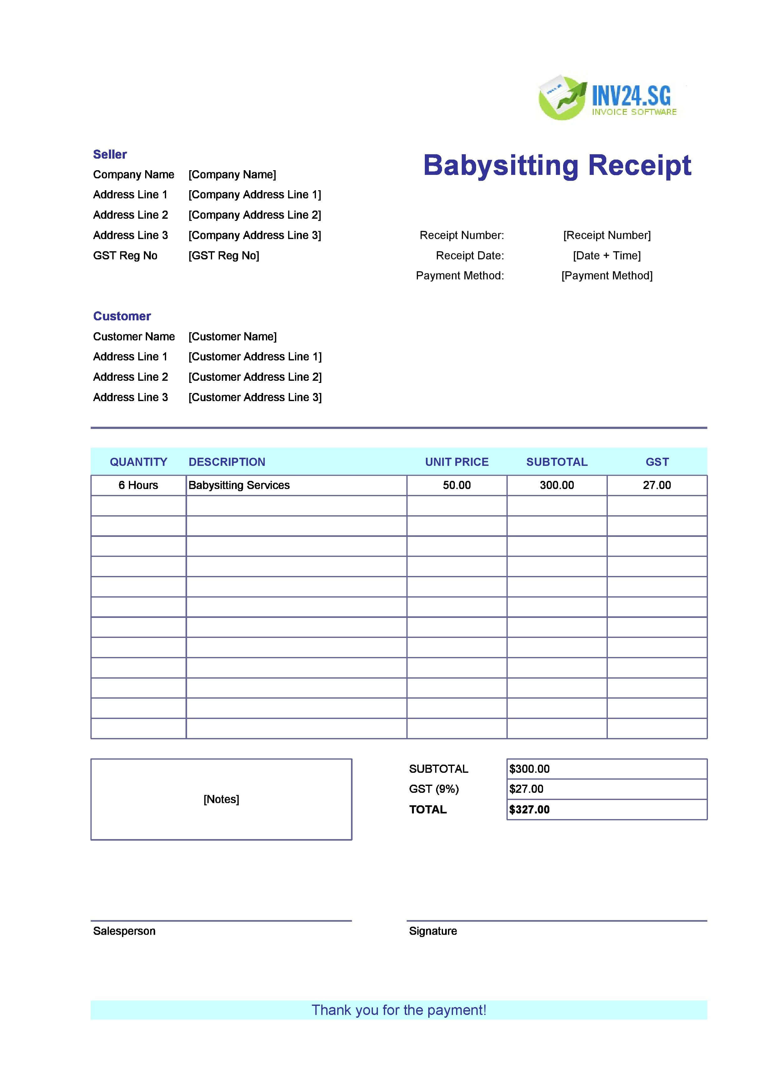 Babysitting Receipt Template for Singapore (Excel / Google Sheets)