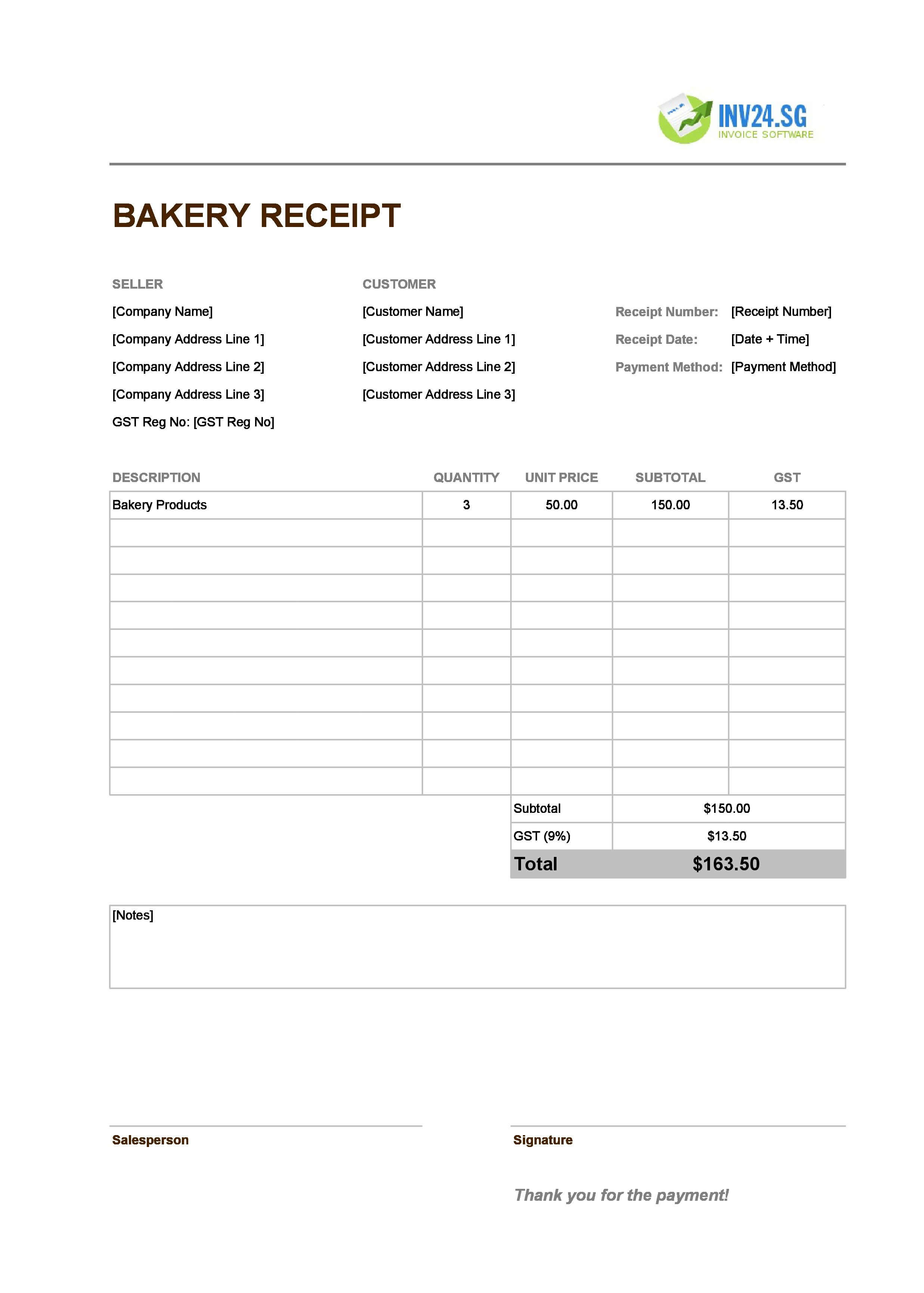 Bakery Receipt Template for Singapore (Excel / Google Sheets)