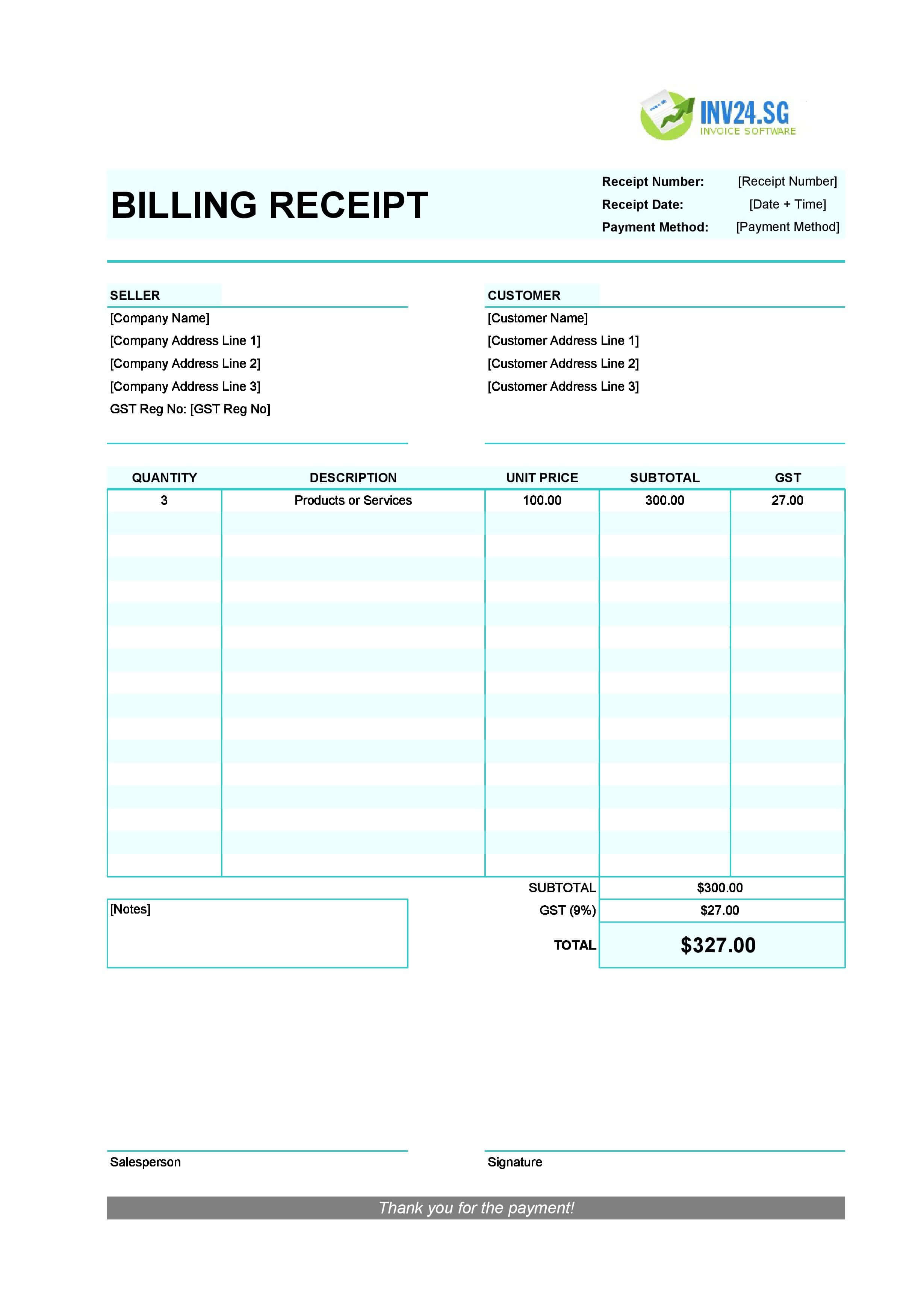 Billing Receipt Template for Singapore (Excel / Google Sheets)