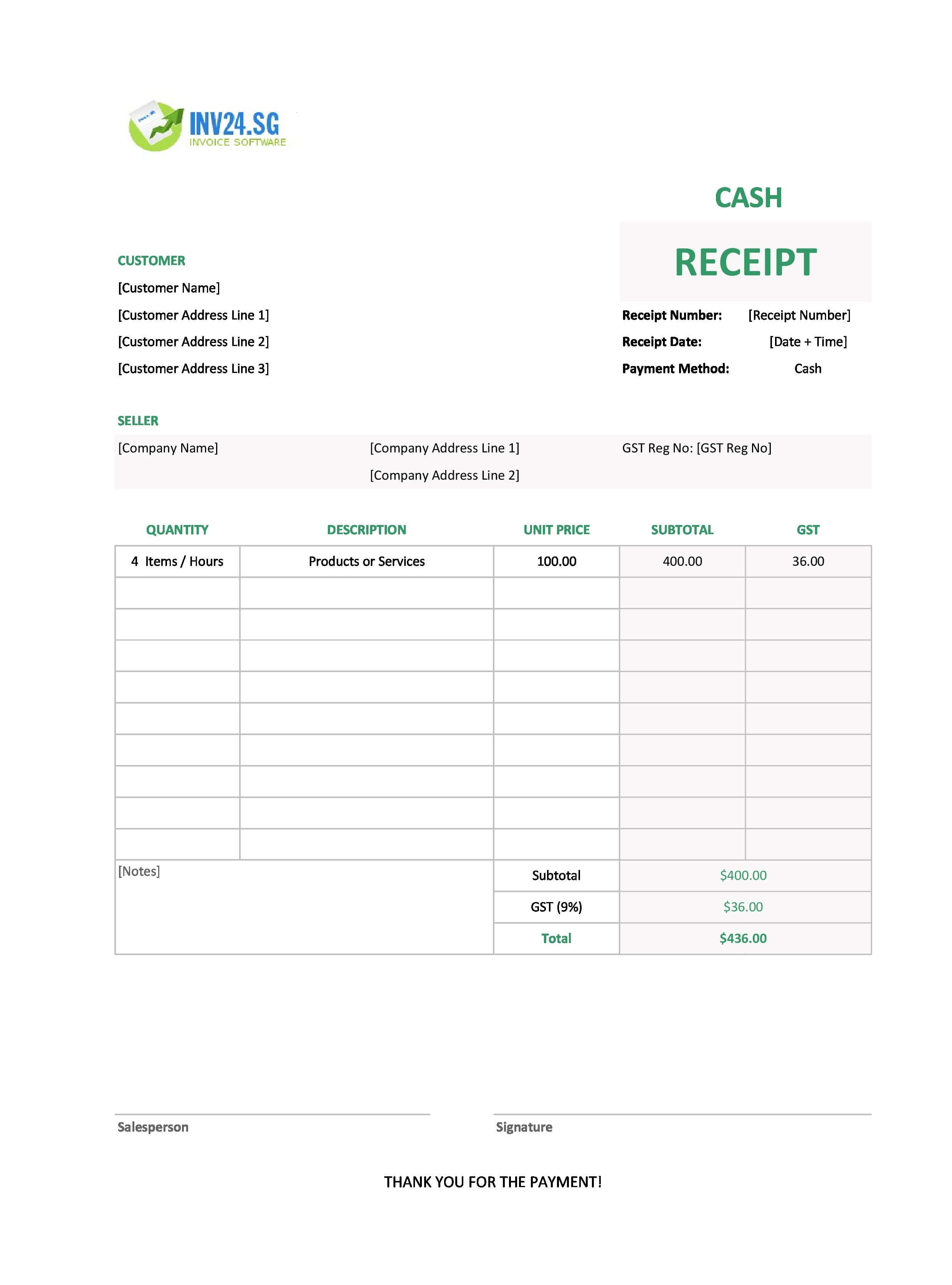 Blank Cash Receipt Template for Singapore (Excel / Google Sheets)