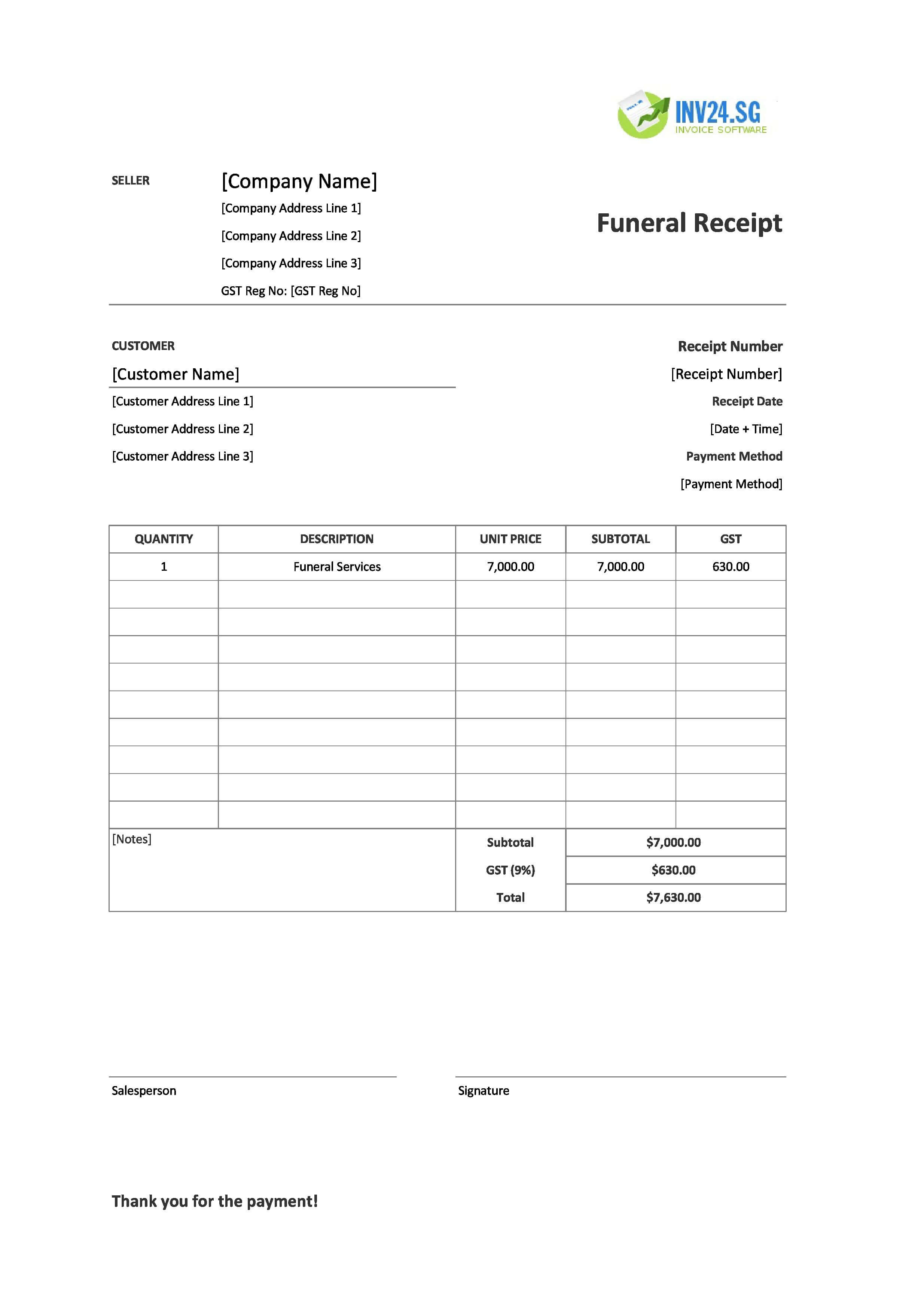 Blank Funeral Receipt Template for Singapore (Excel / Google Sheets)