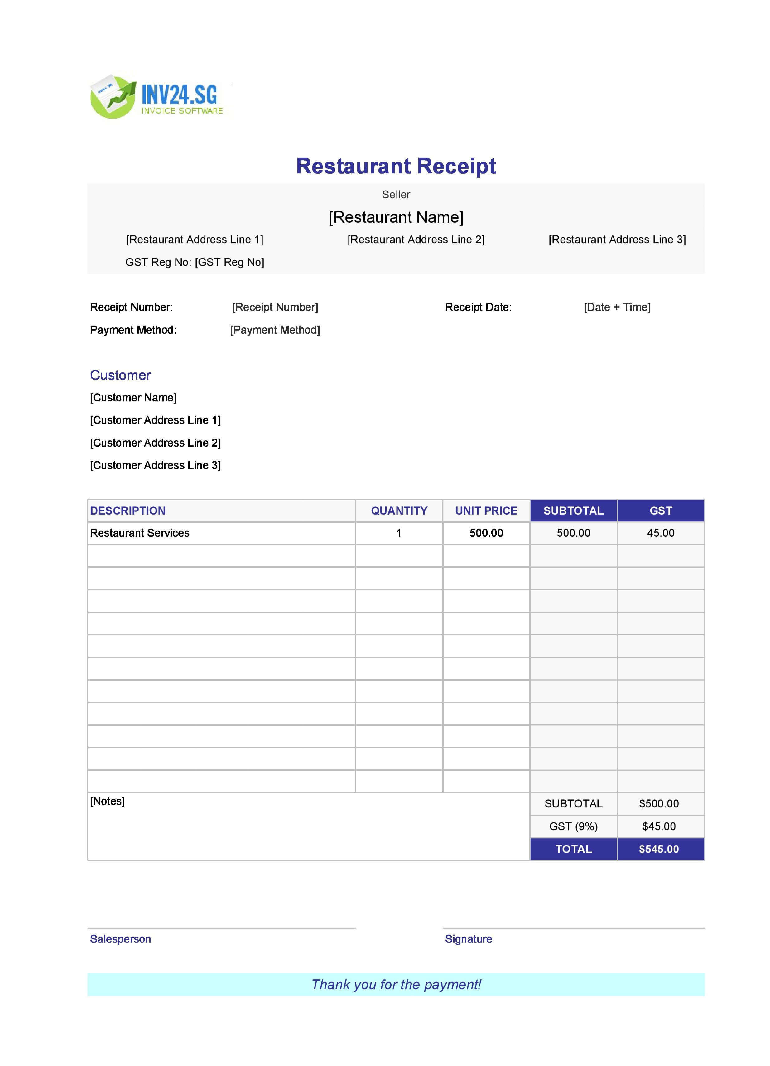 Blank Restaurant Receipt Template for Singapore (Excel / Google Sheets)