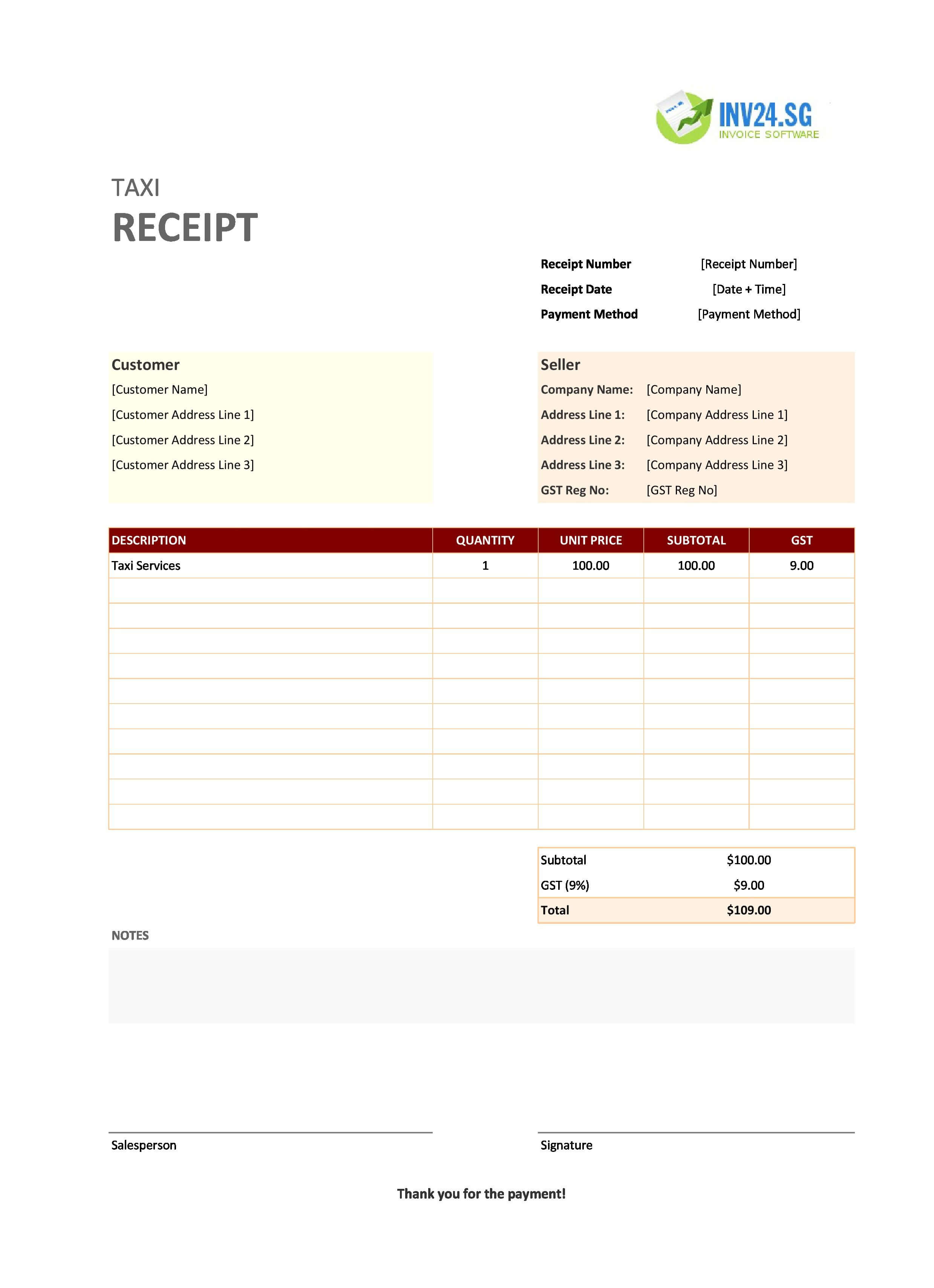 Blank Taxi Receipt Template for Singapore (Excel / Google Sheets)