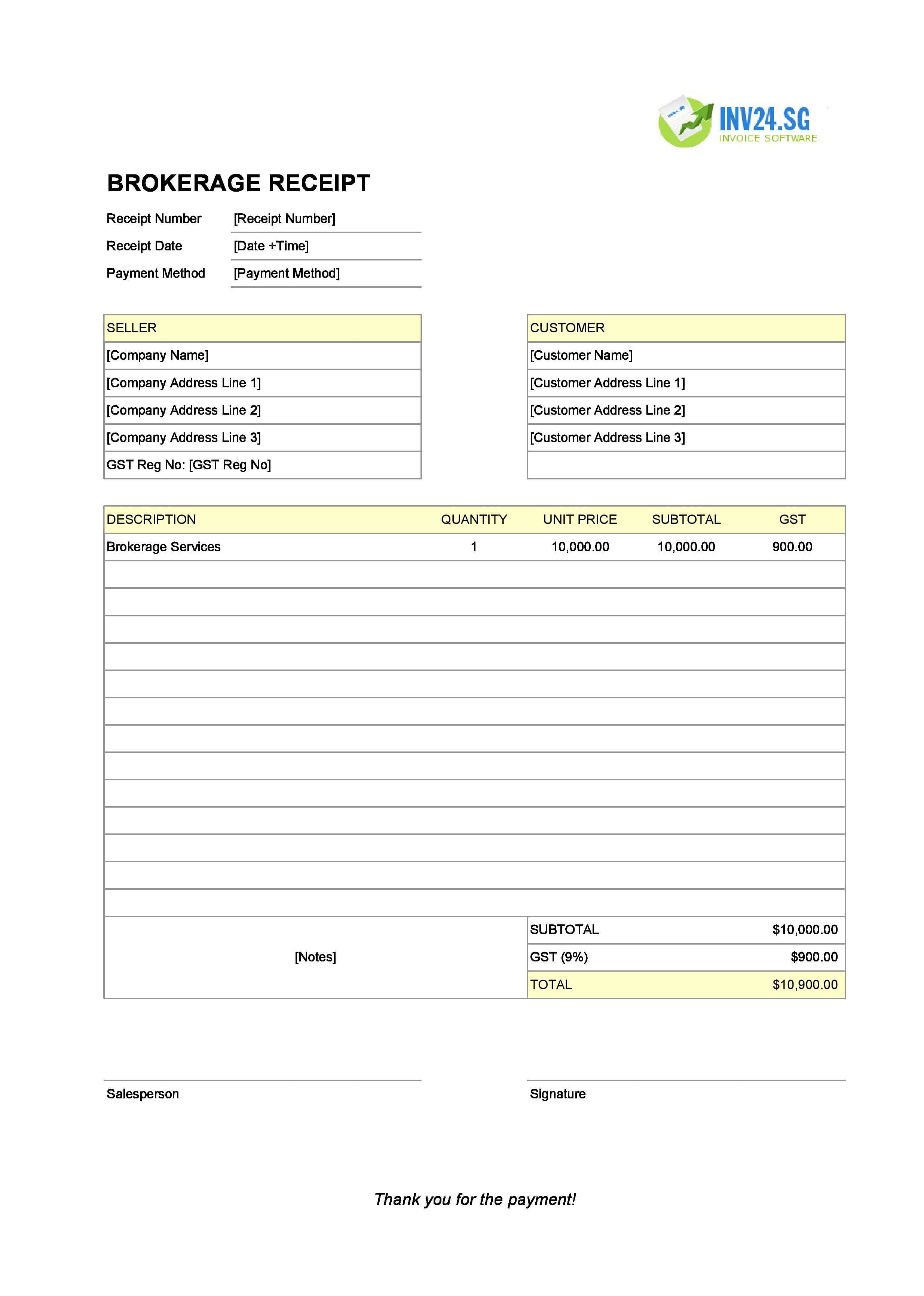 Brokerage Receipt Template for Singapore (Excel / Google Sheets)