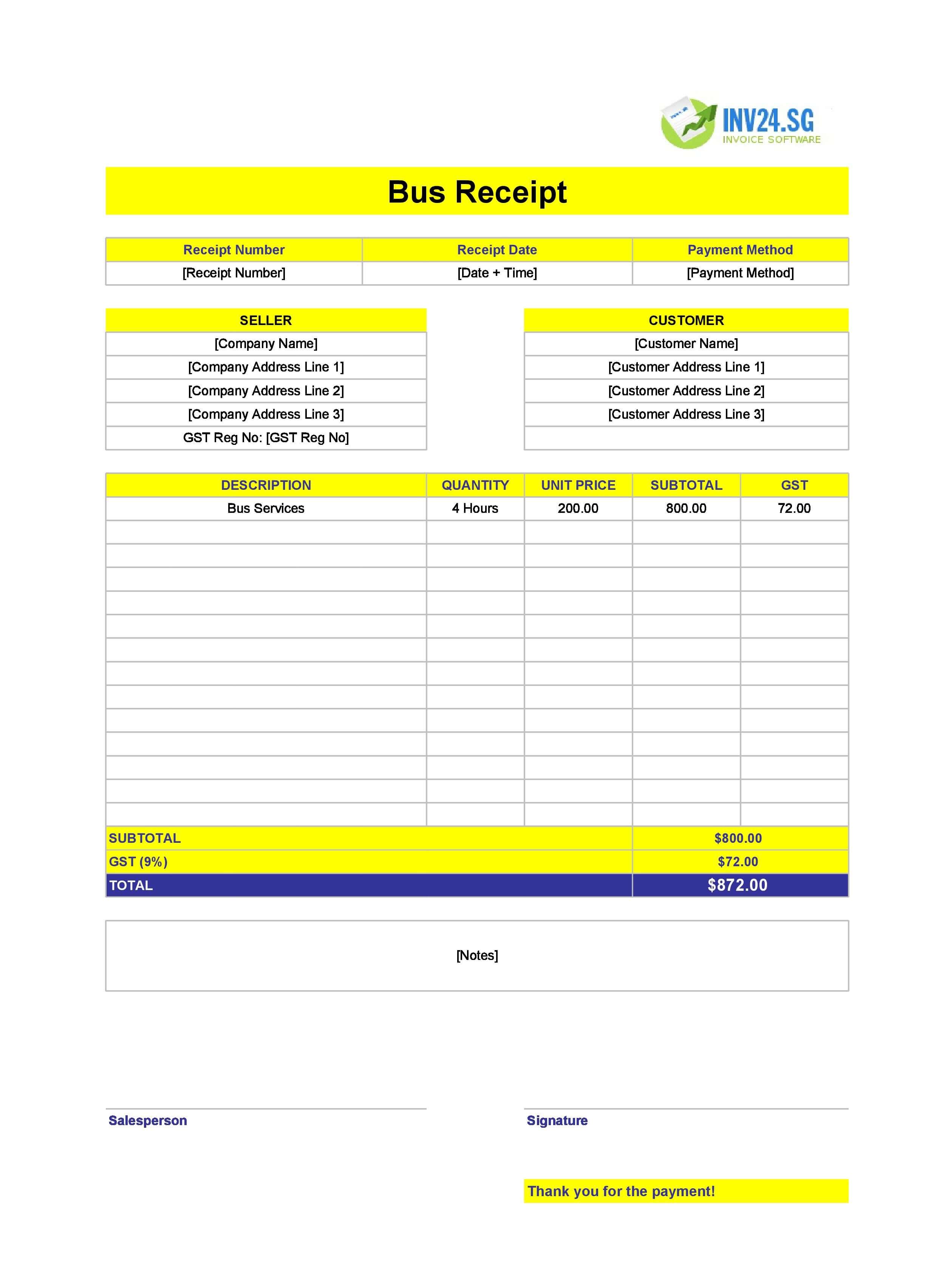 Bus Receipt Template for Singapore (Excel / Google Sheets)