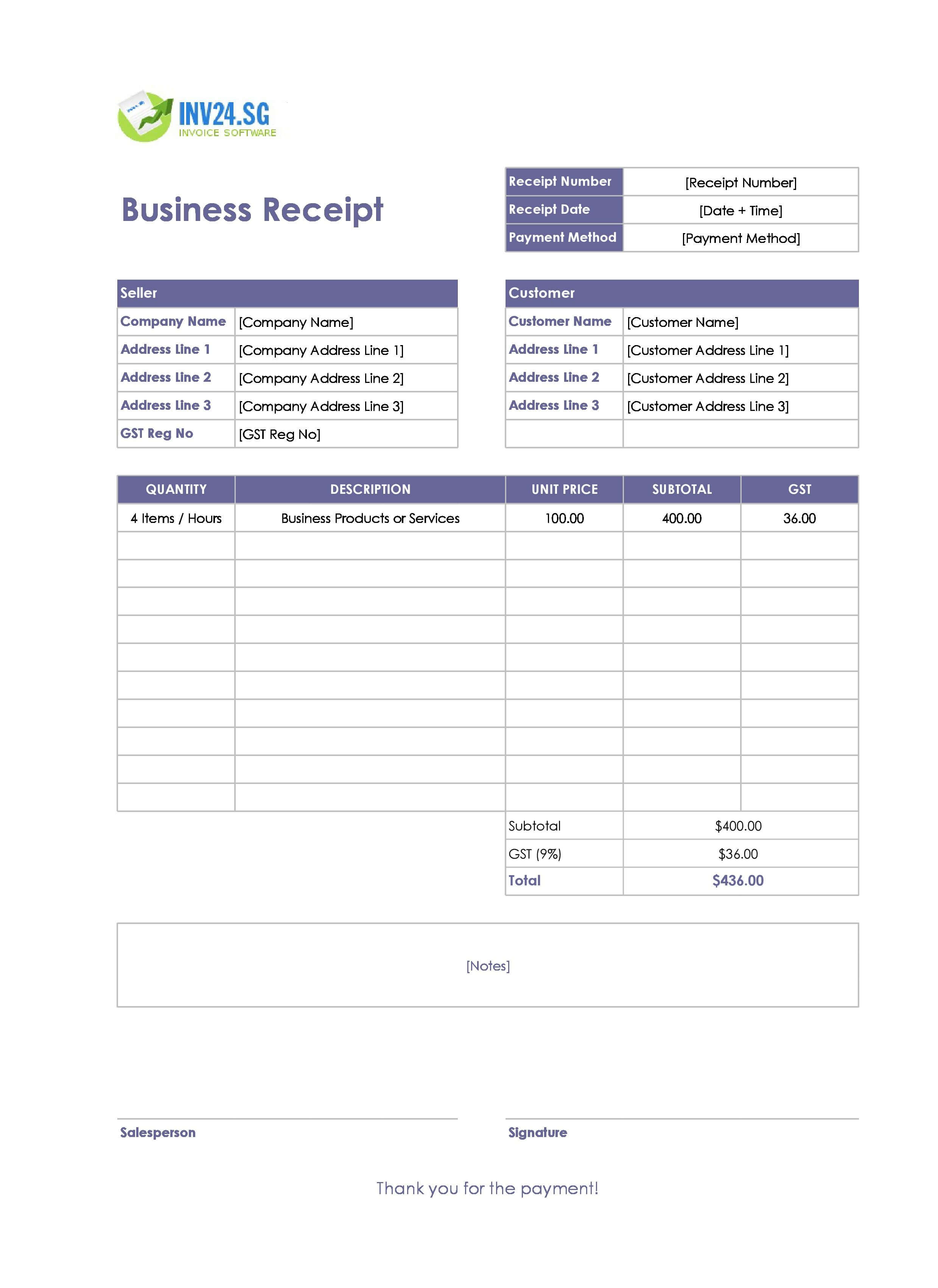 Business Receipt Template for Singapore (Excel / Google Sheets)