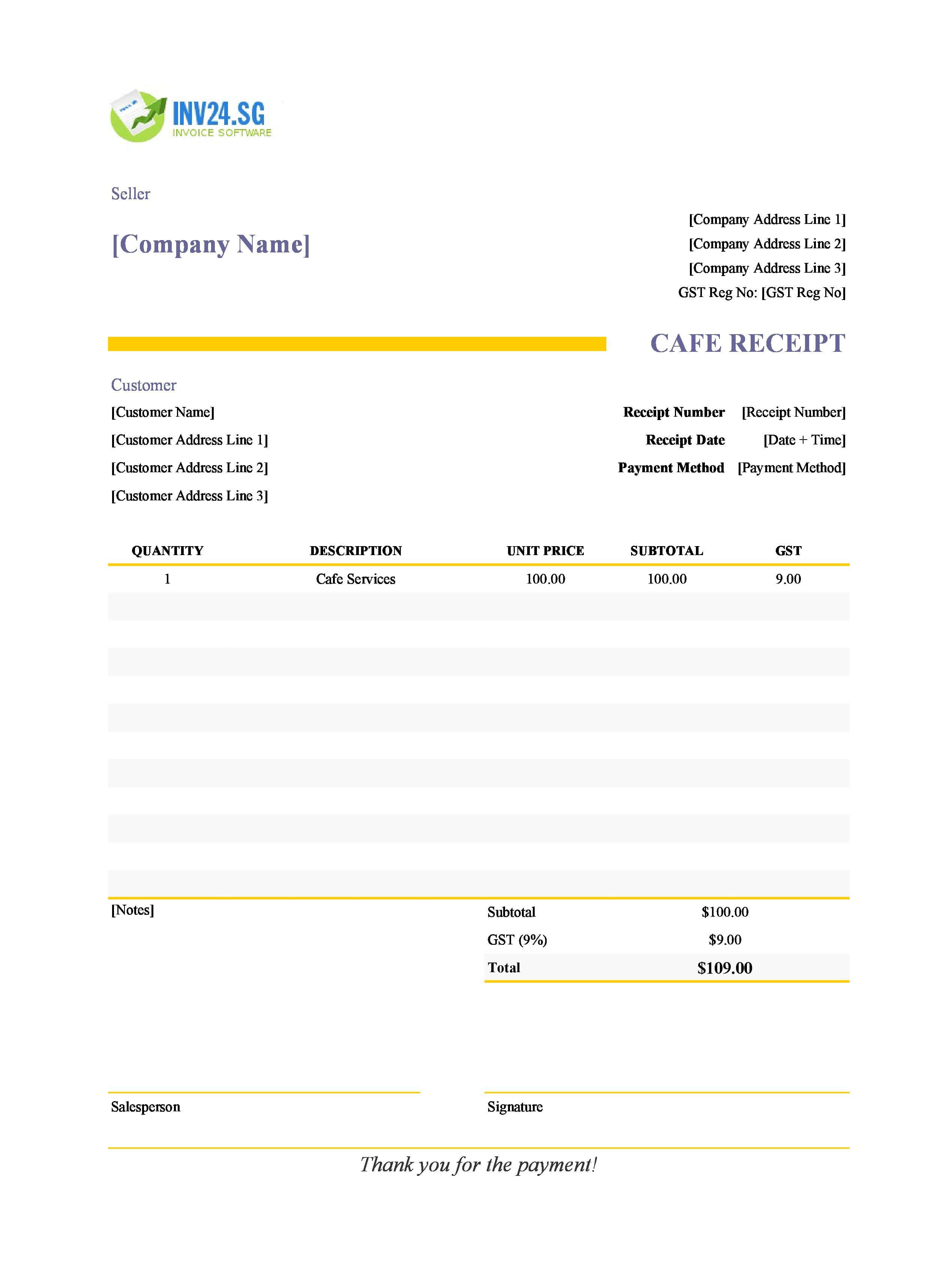 Cafe Receipt Template for Singapore (Excel / Google Sheets)
