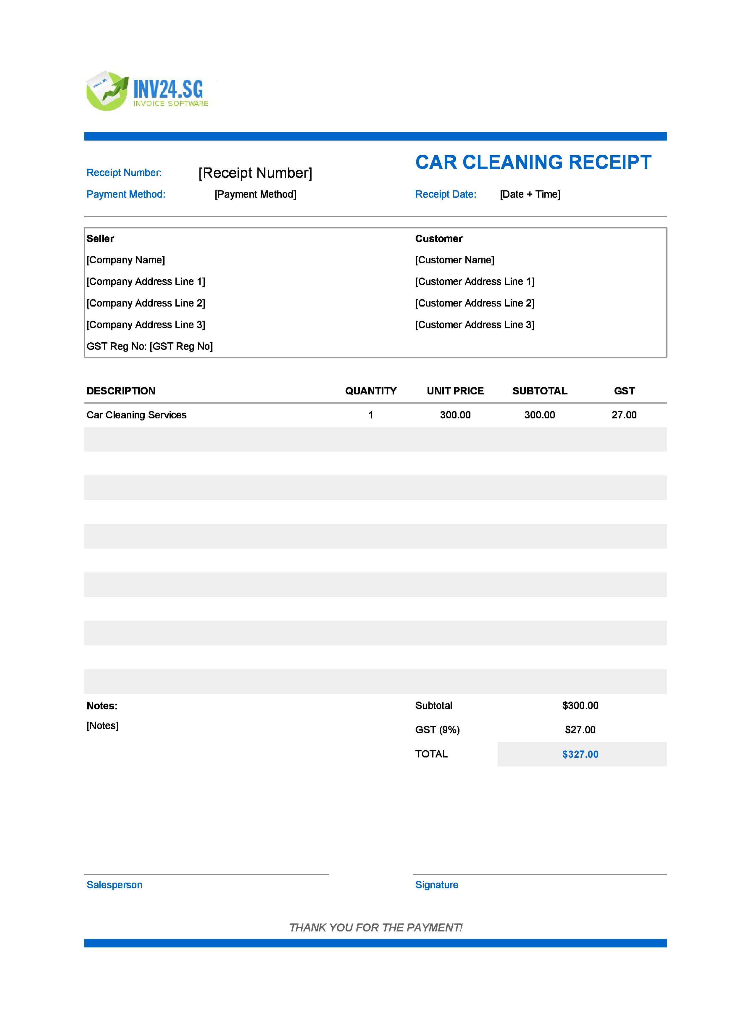 Car Cleaning Receipt Template for Singapore (Excel / Google Sheets)
