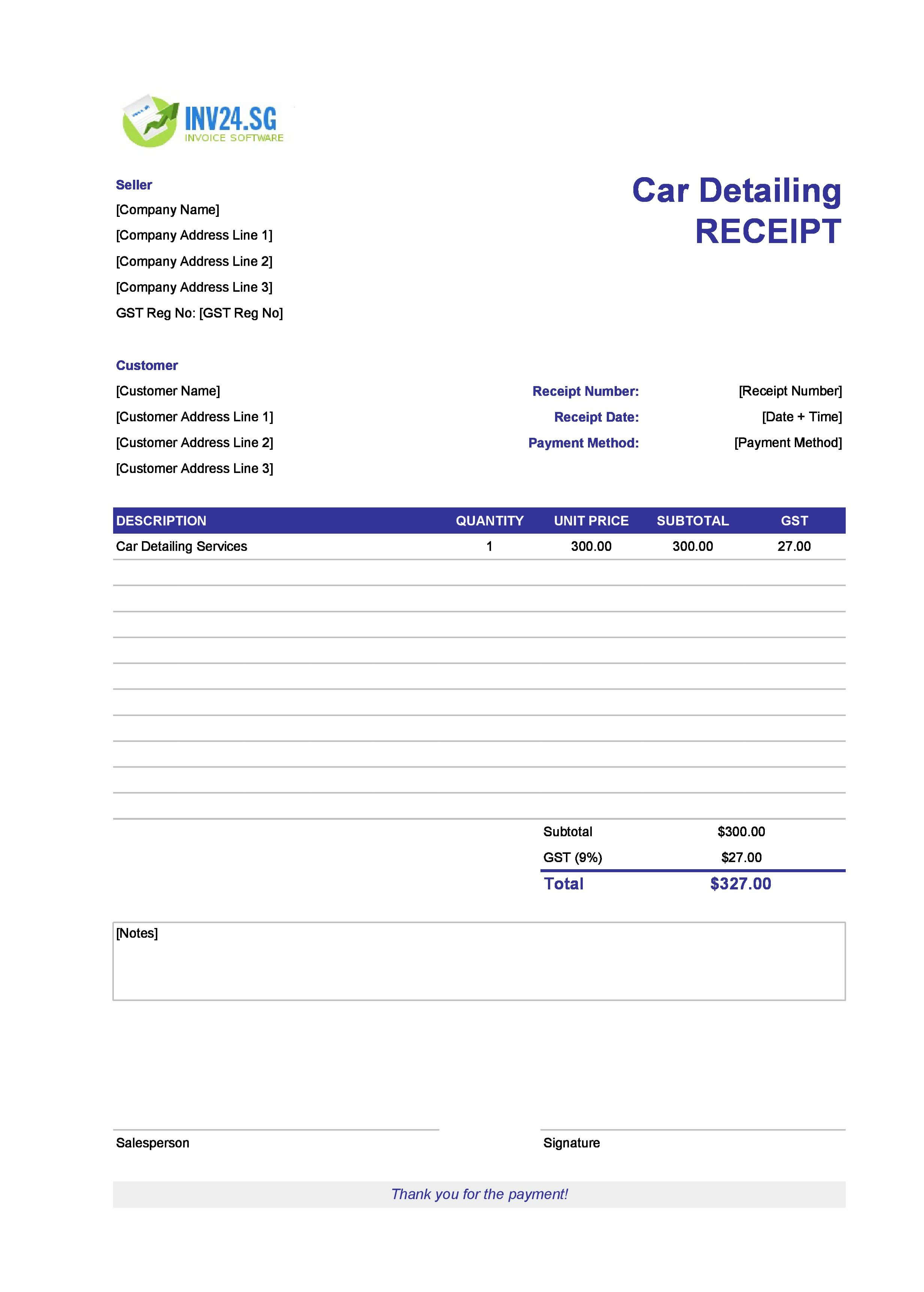 Car Detailing Receipt Template for Singapore (Excel / Google Sheets)