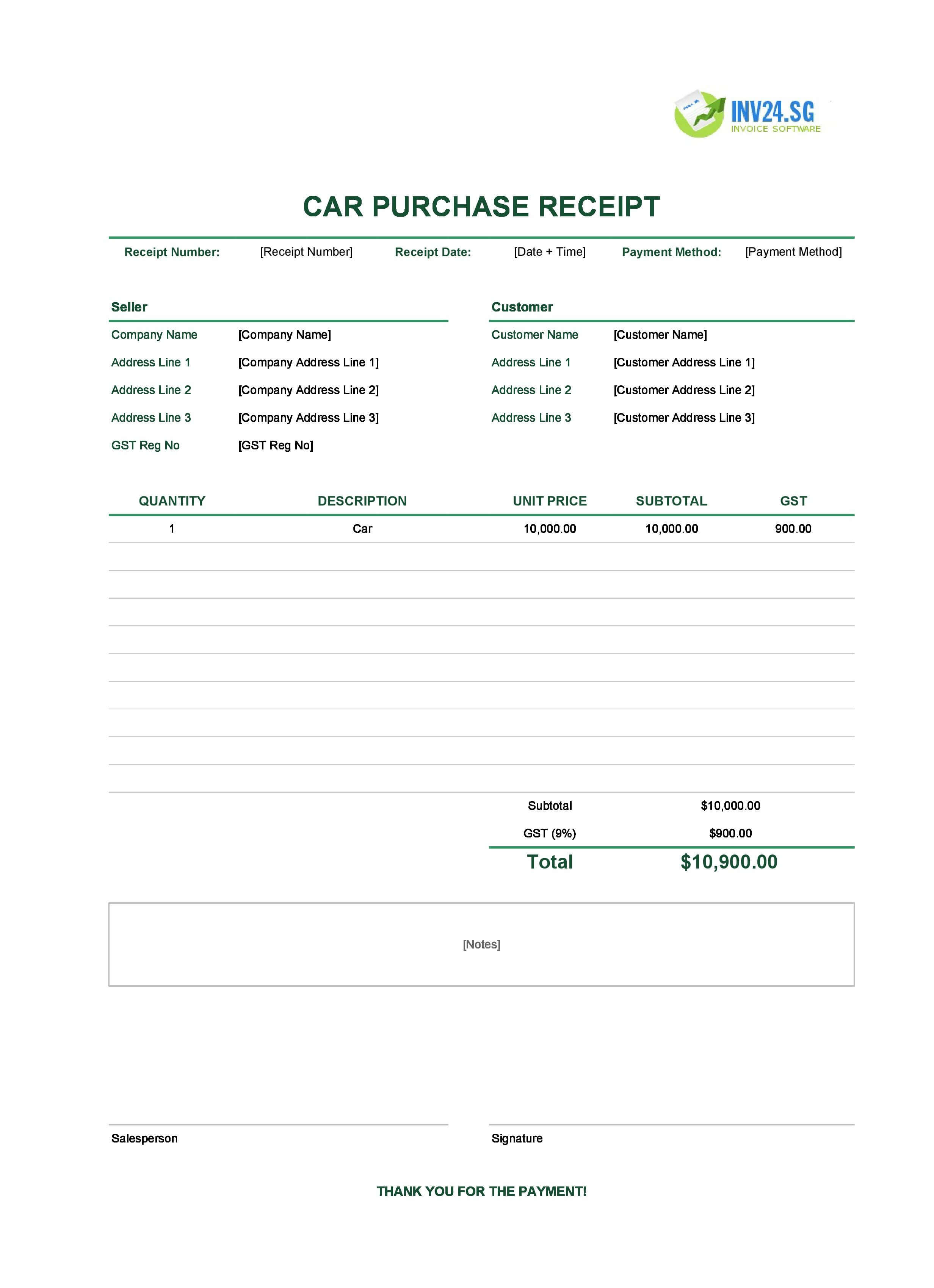 Car Purchase Receipt Template for Singapore (Excel / Google Sheets)