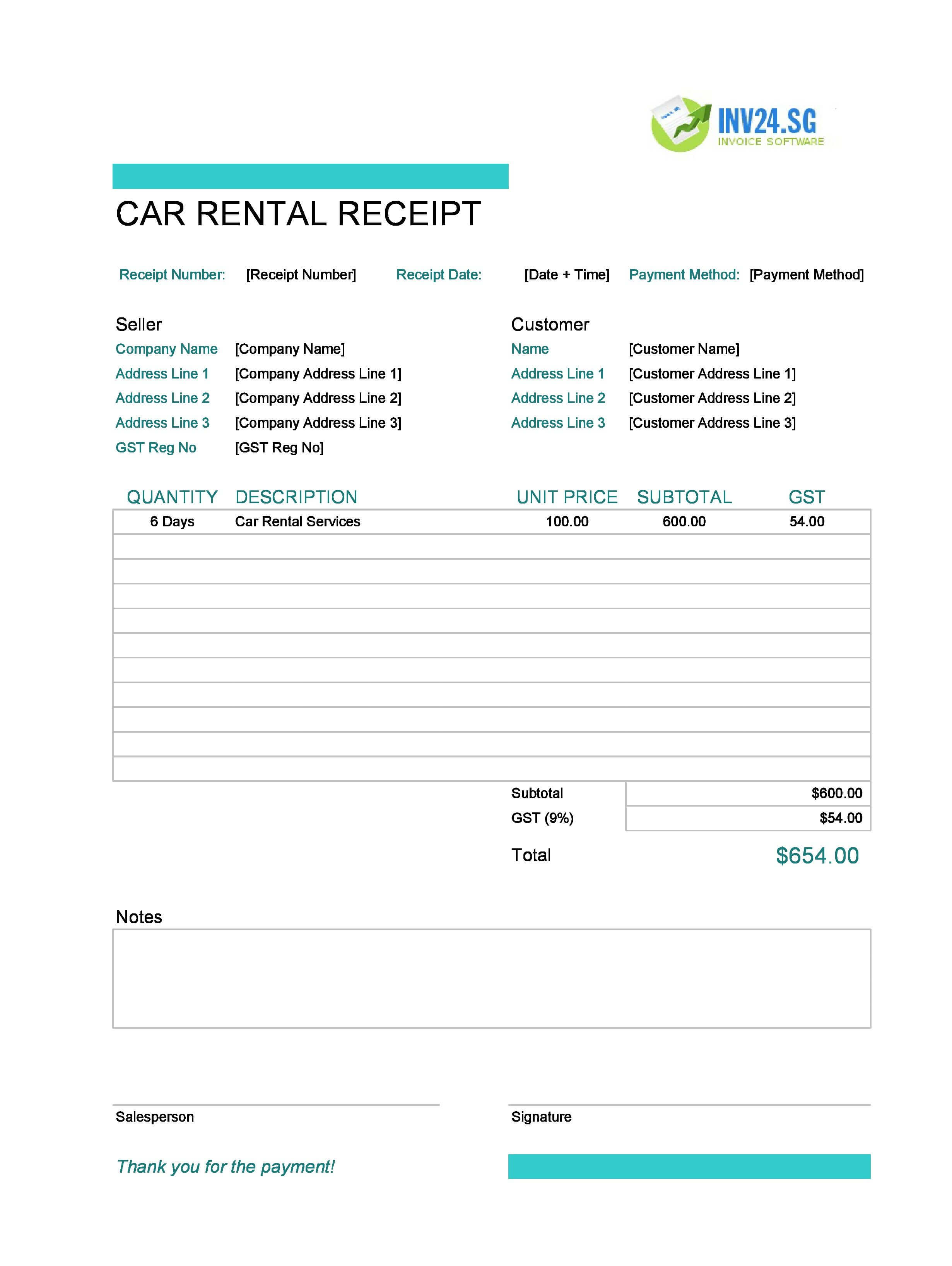 Car Rental Receipt Template for Singapore (Excel / Google Sheets)