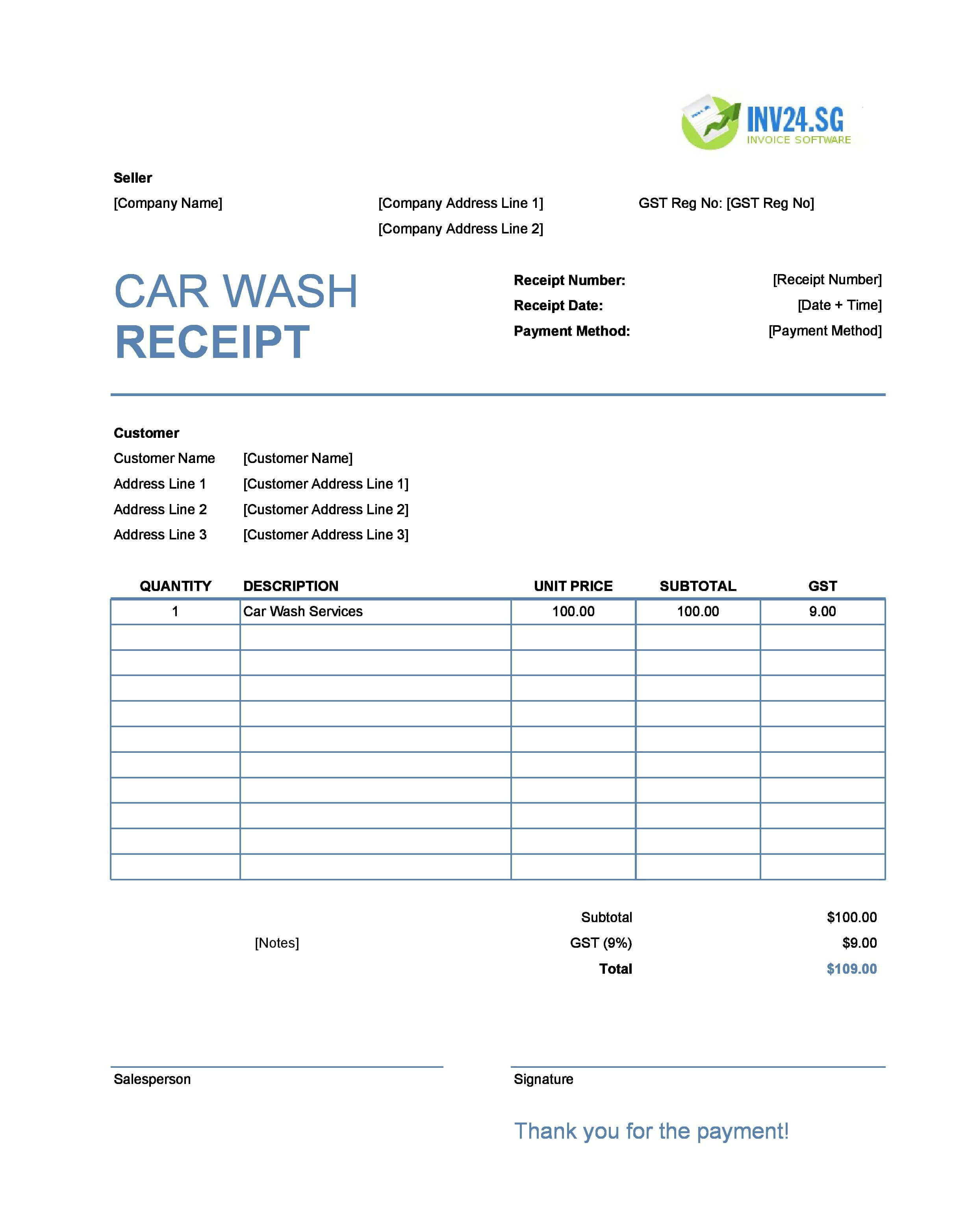 Car Wash Receipt Template for Singapore (Excel / Google Sheets)