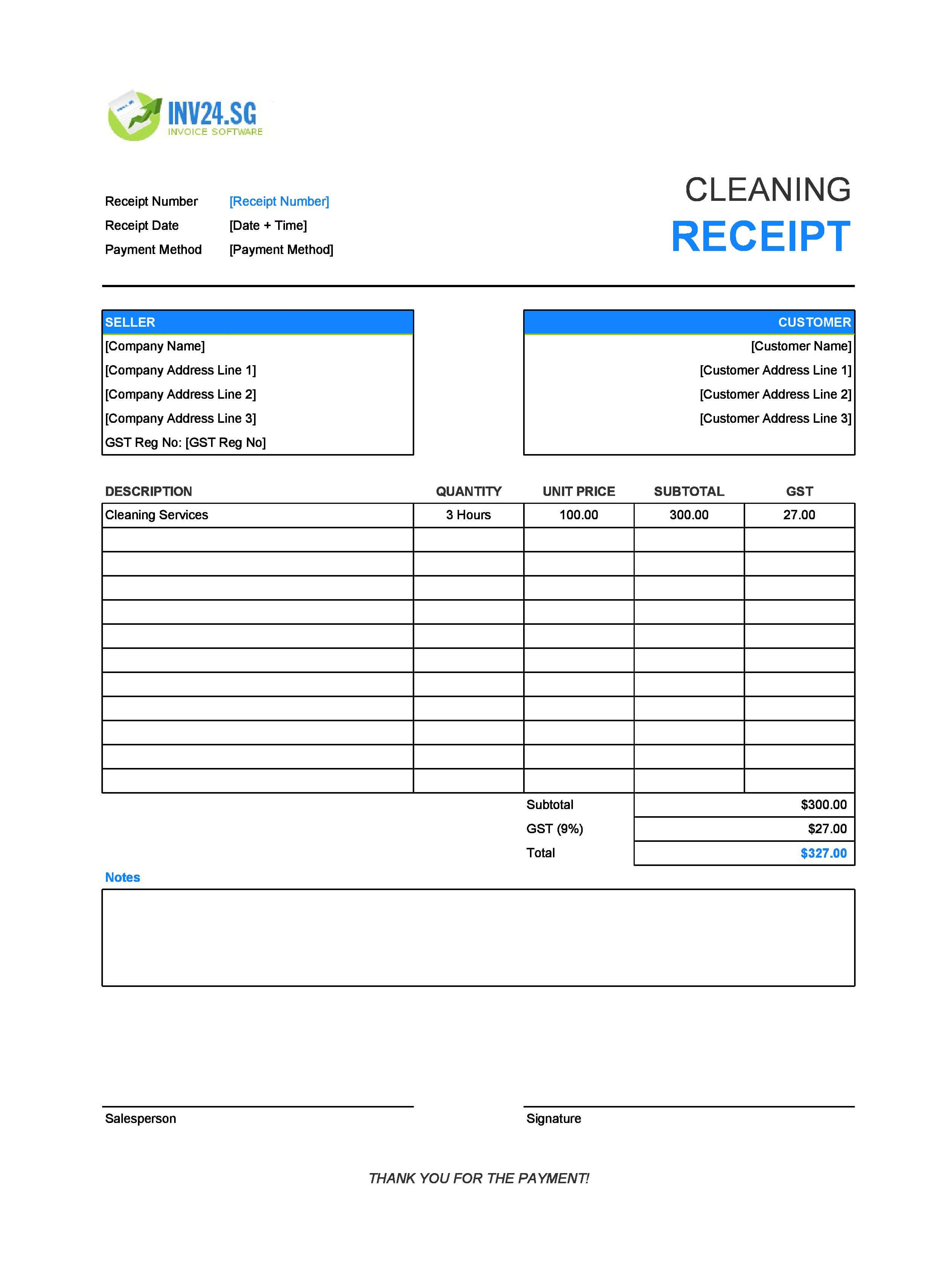 Cleaning Receipt Template for Singapore (Excel / Google Sheets)