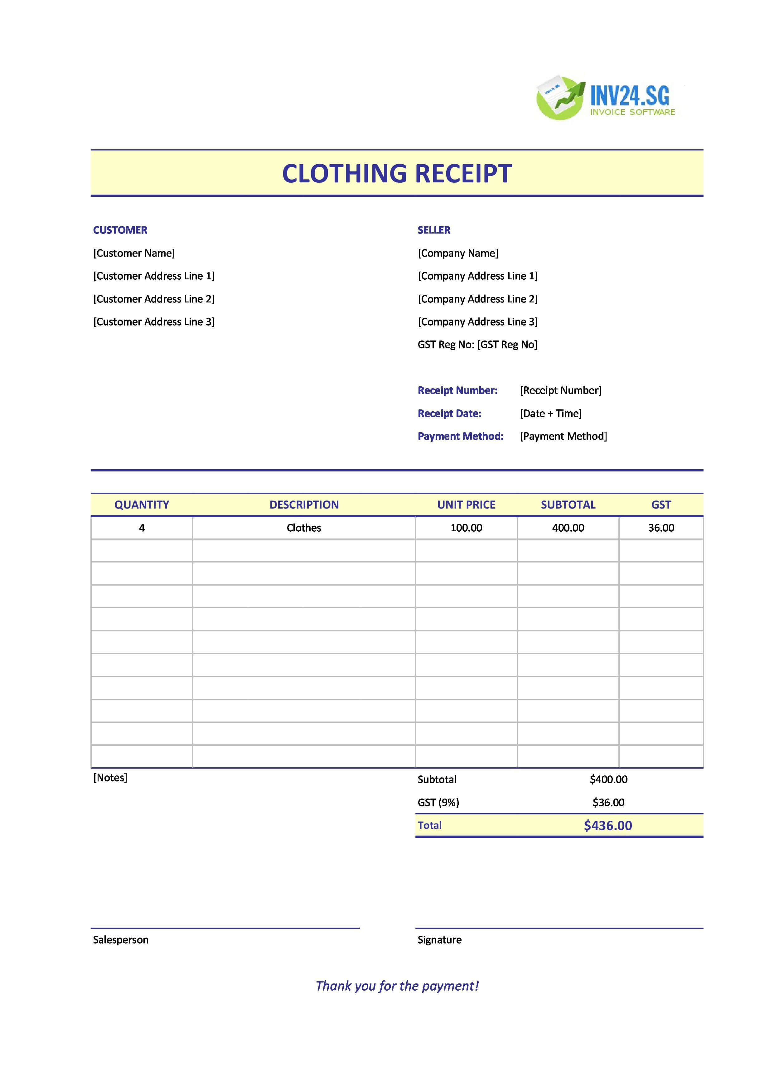 Clothing Receipt Template for Singapore (Excel / Google Sheets)