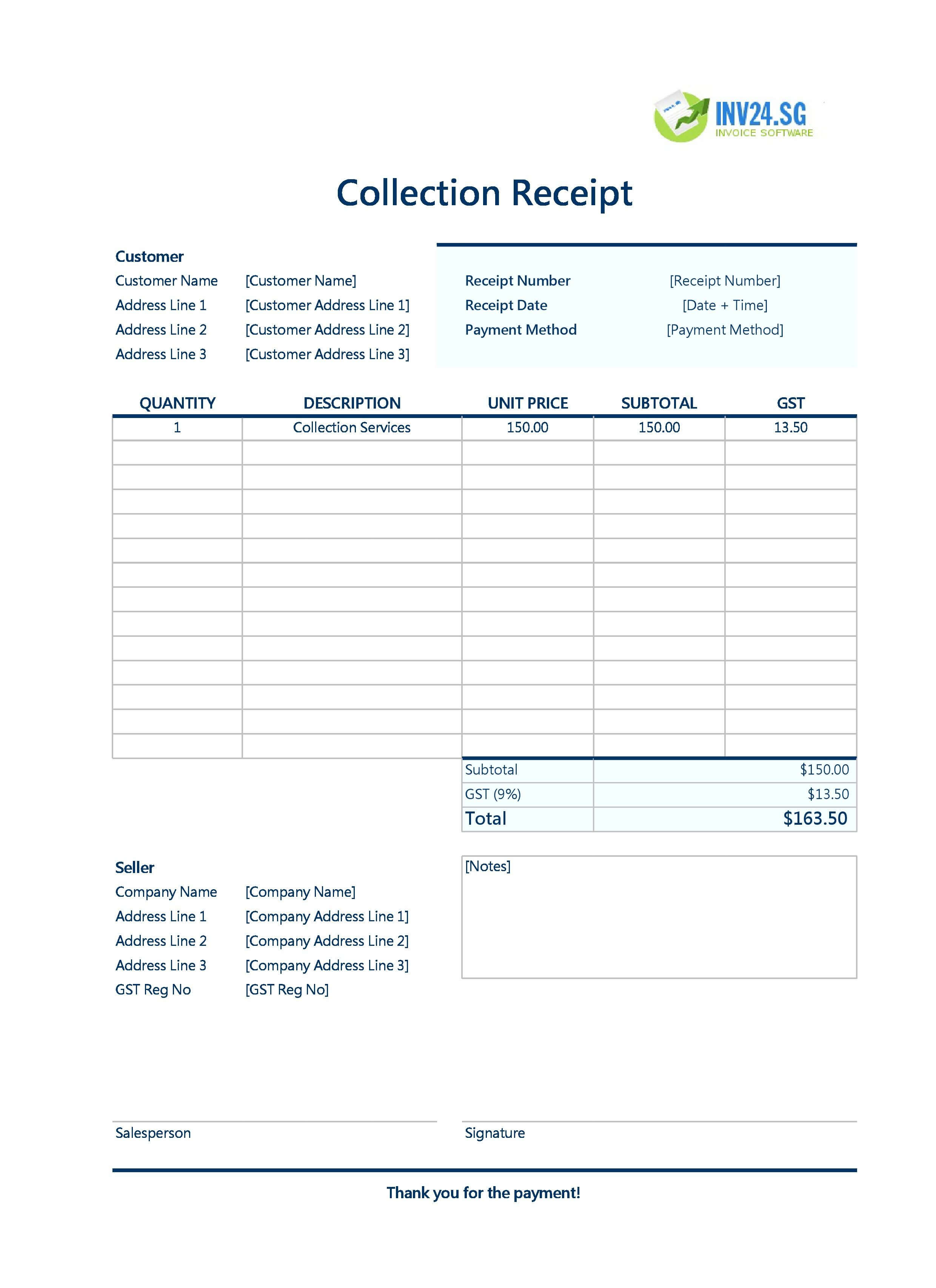 Collection Receipt Template for Singapore (Excel / Google Sheets)