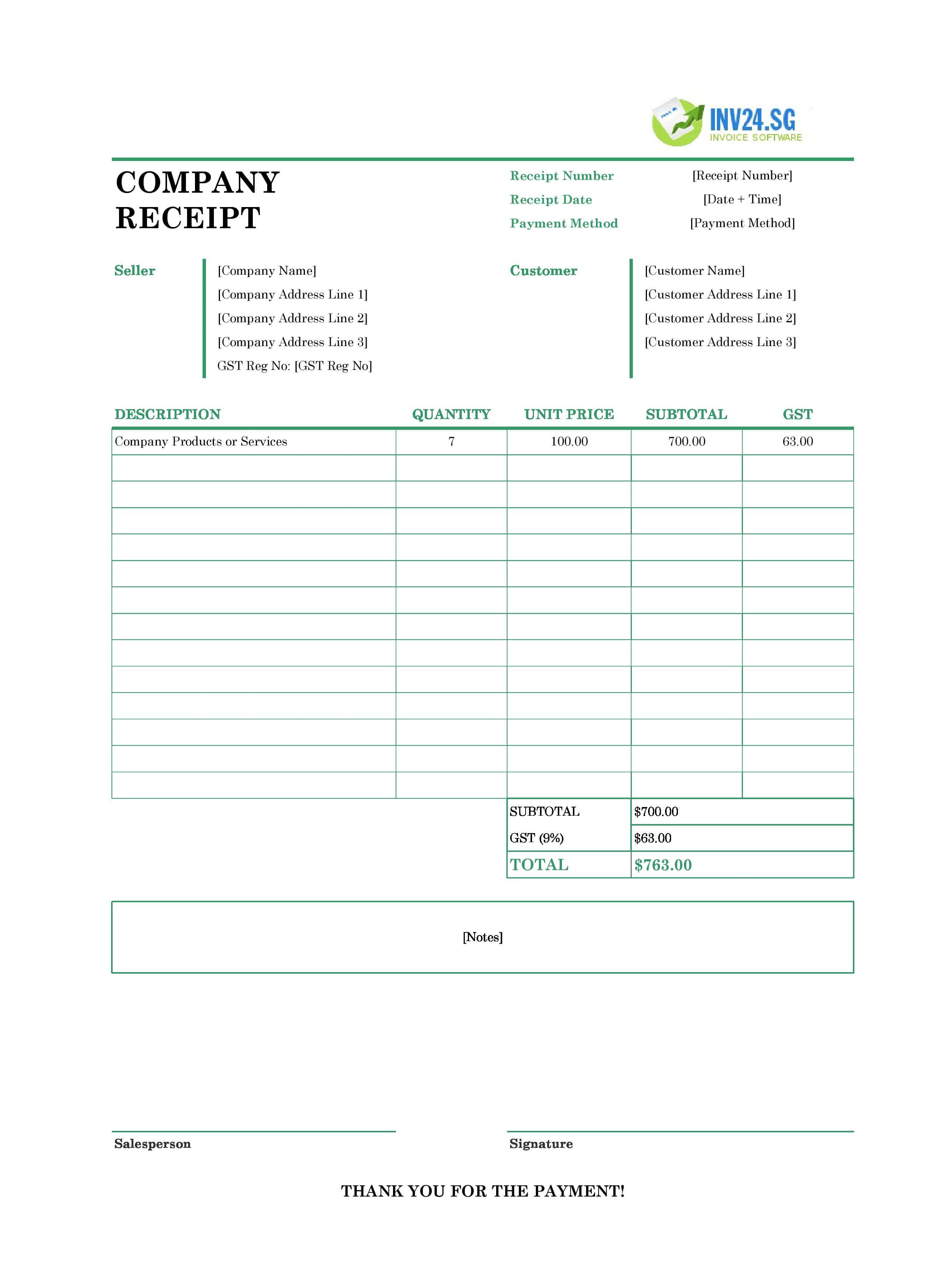 Company Receipt Template for Singapore (Excel / Google Sheets)