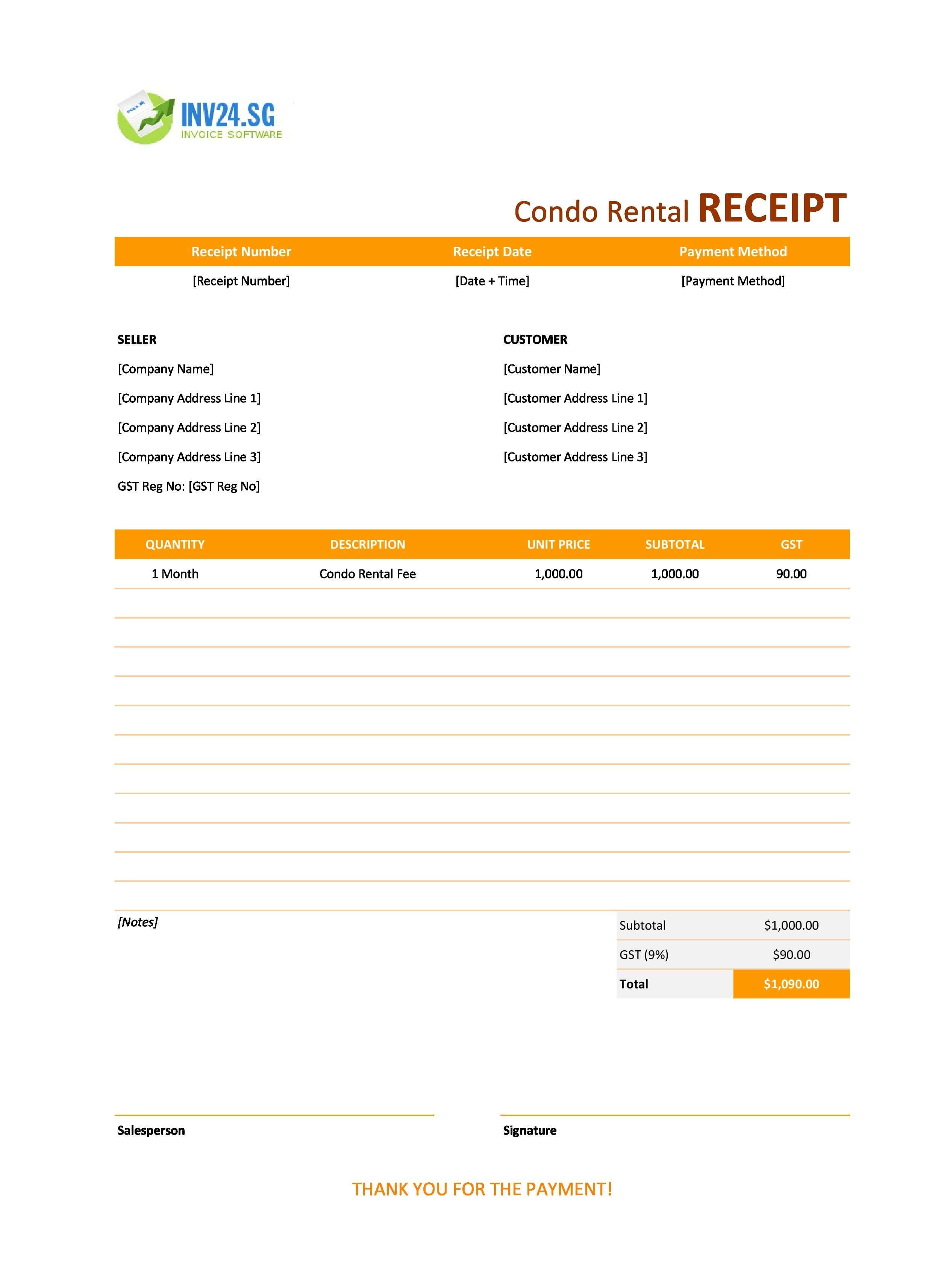 Condo Rental Receipt Template for Singapore (Excel / Google Sheets)
