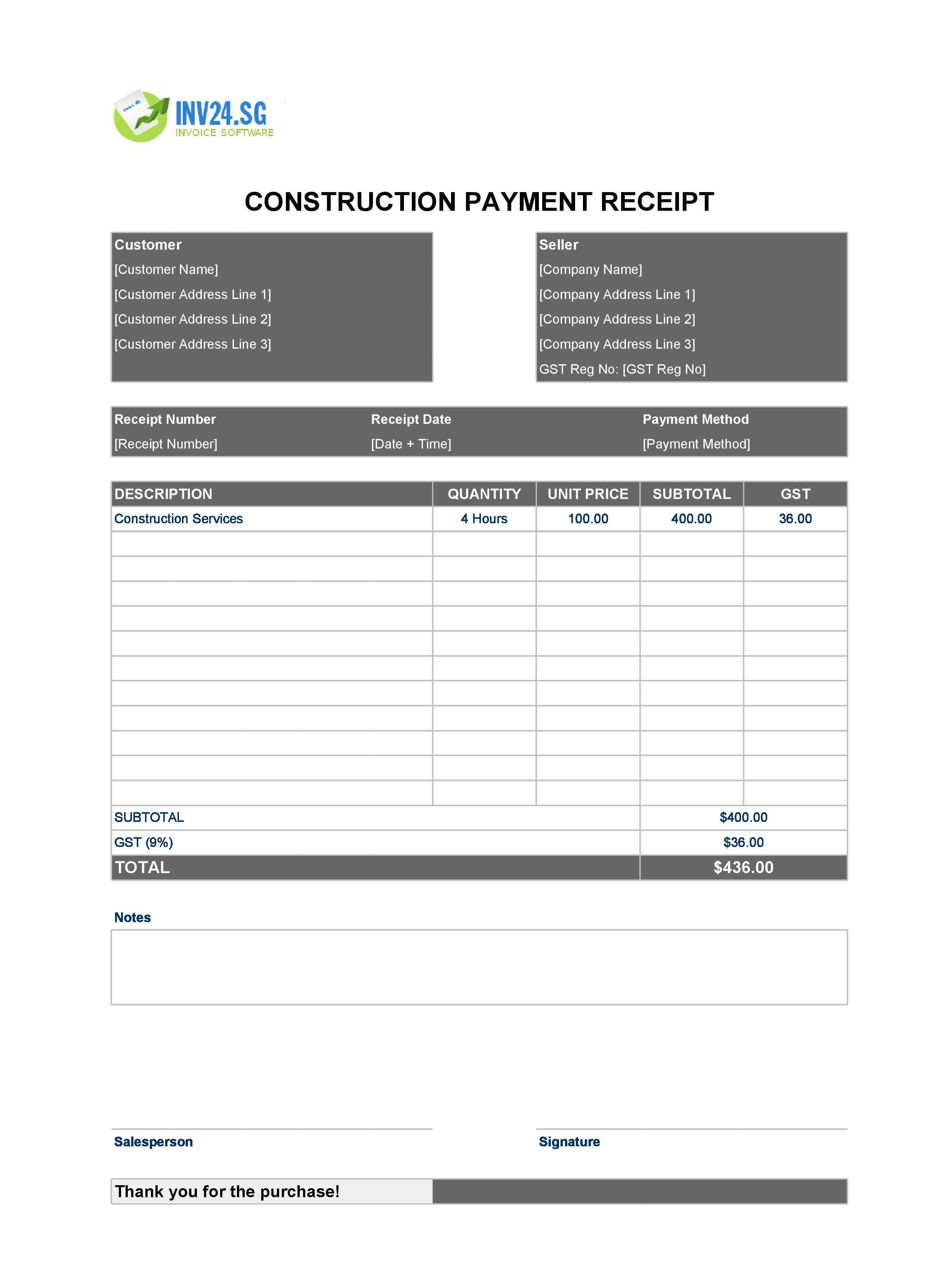 Construction Payment Receipt Template for Singapore (Excel / Google Sheets)