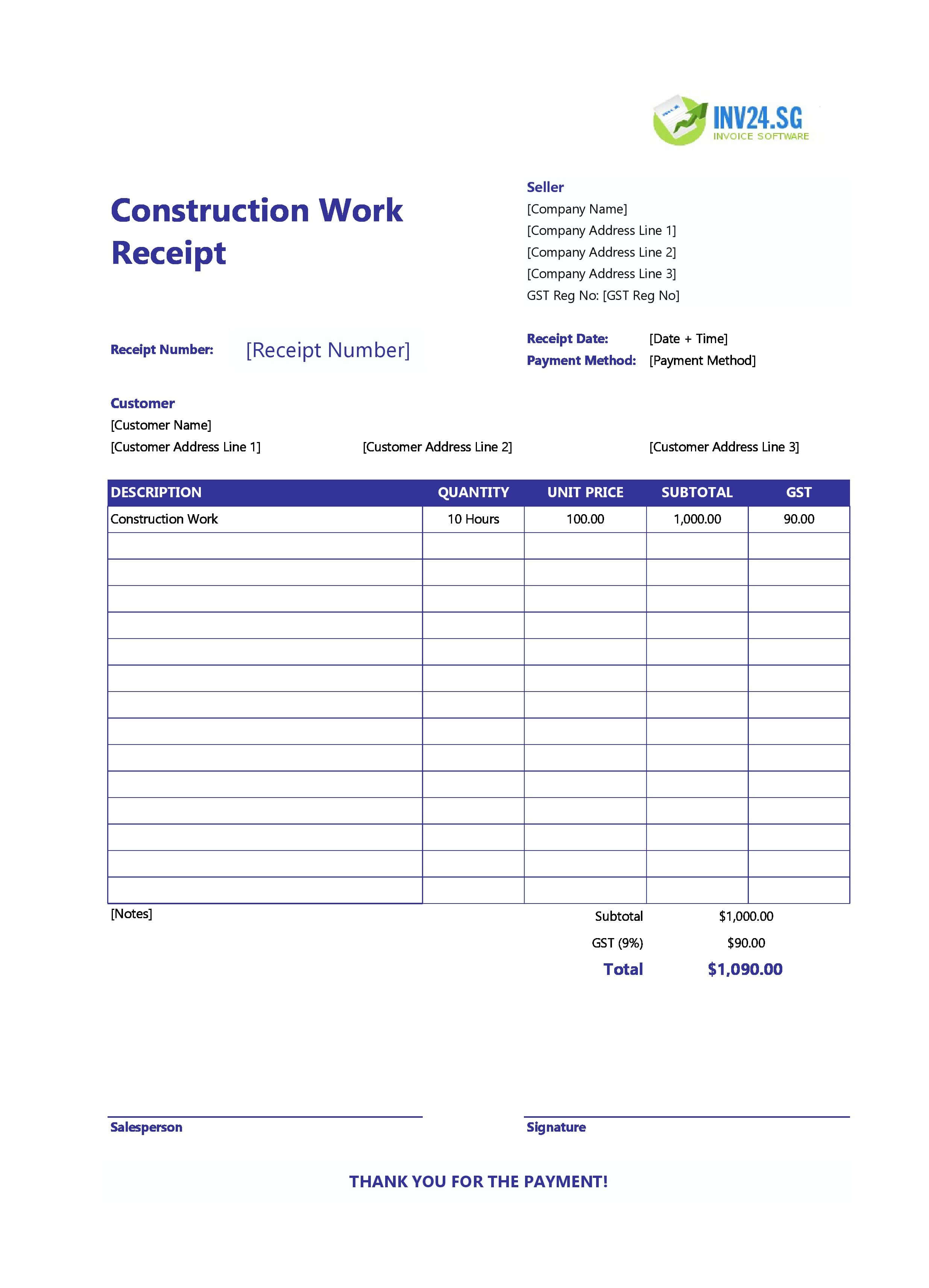 Construction Work Receipt Template for Singapore (Excel / Google Sheets)