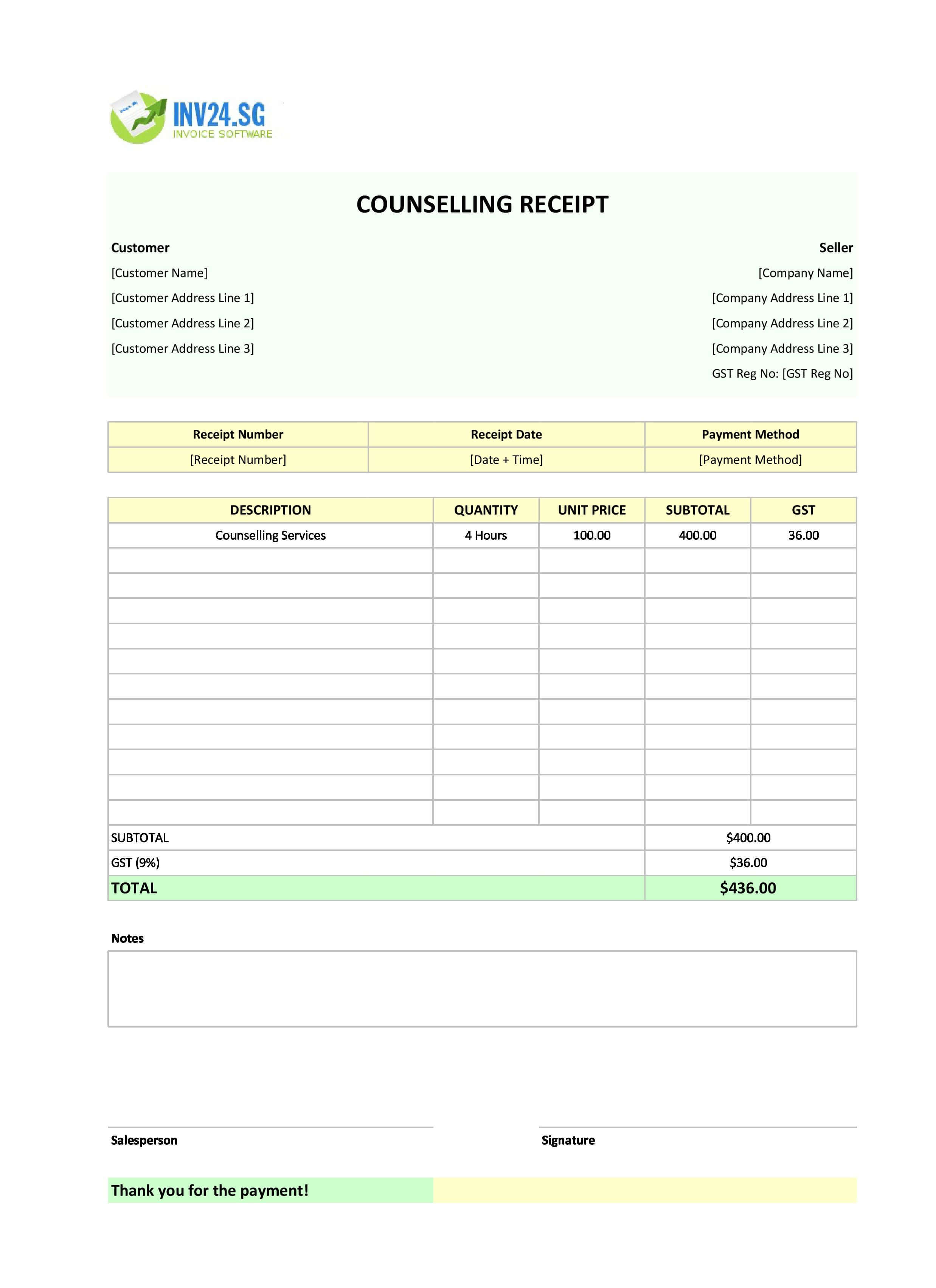 Counselling Receipt Template for Singapore (Excel / Google Sheets)