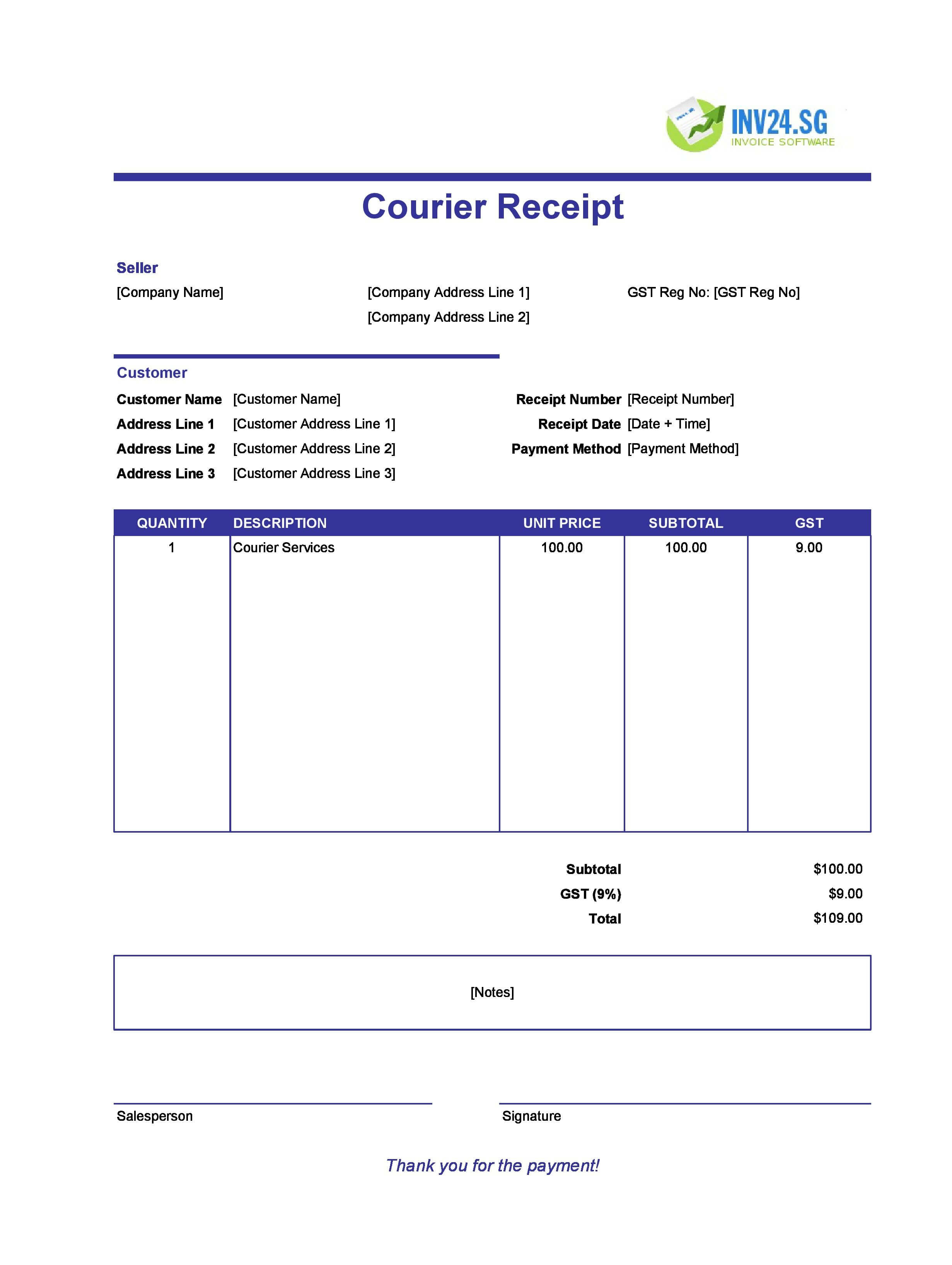 Courier Receipt Template for Singapore (Excel / Google Sheets)