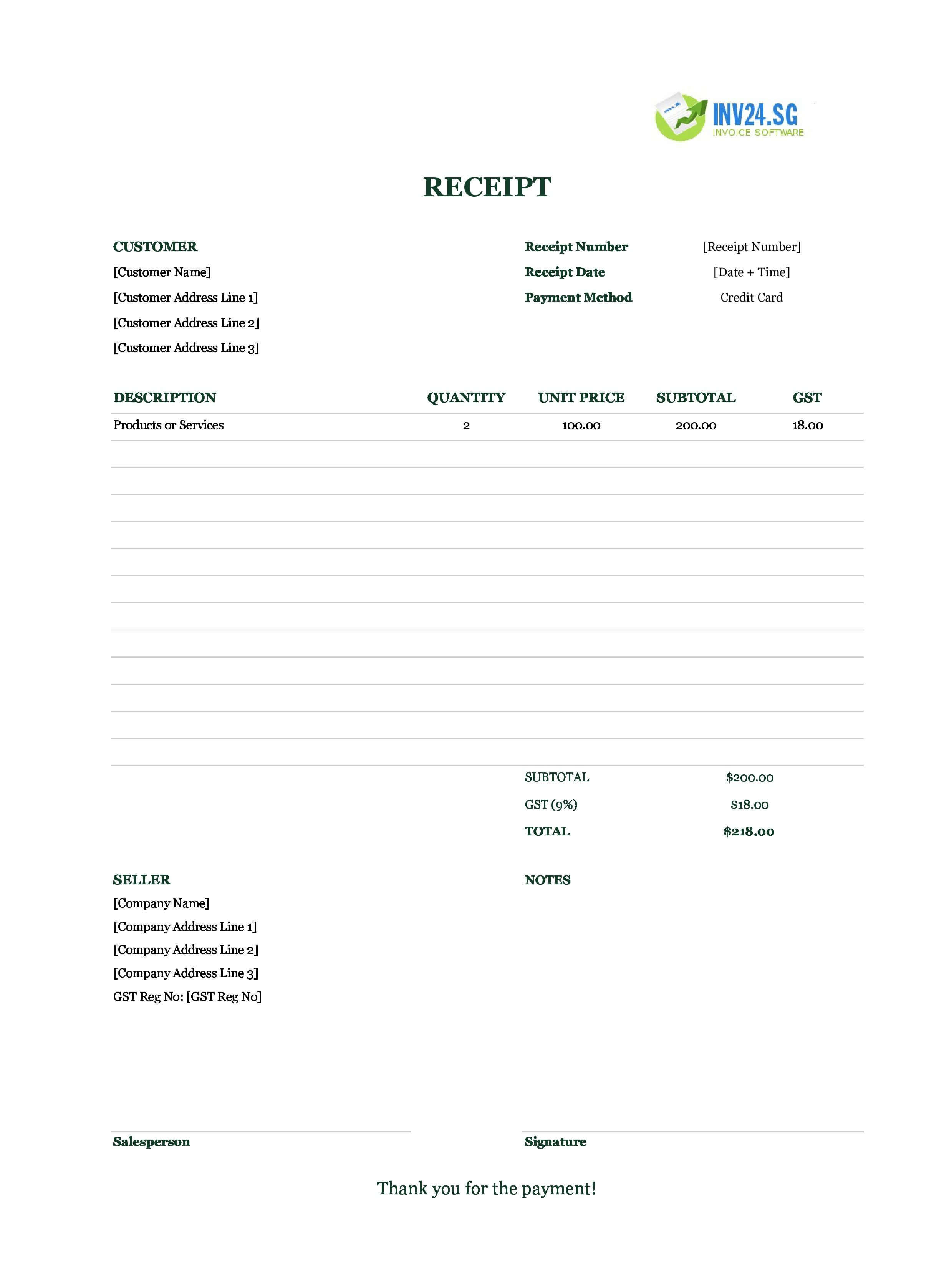 Credit Card Receipt Template for Singapore (Excel / Google Sheets)