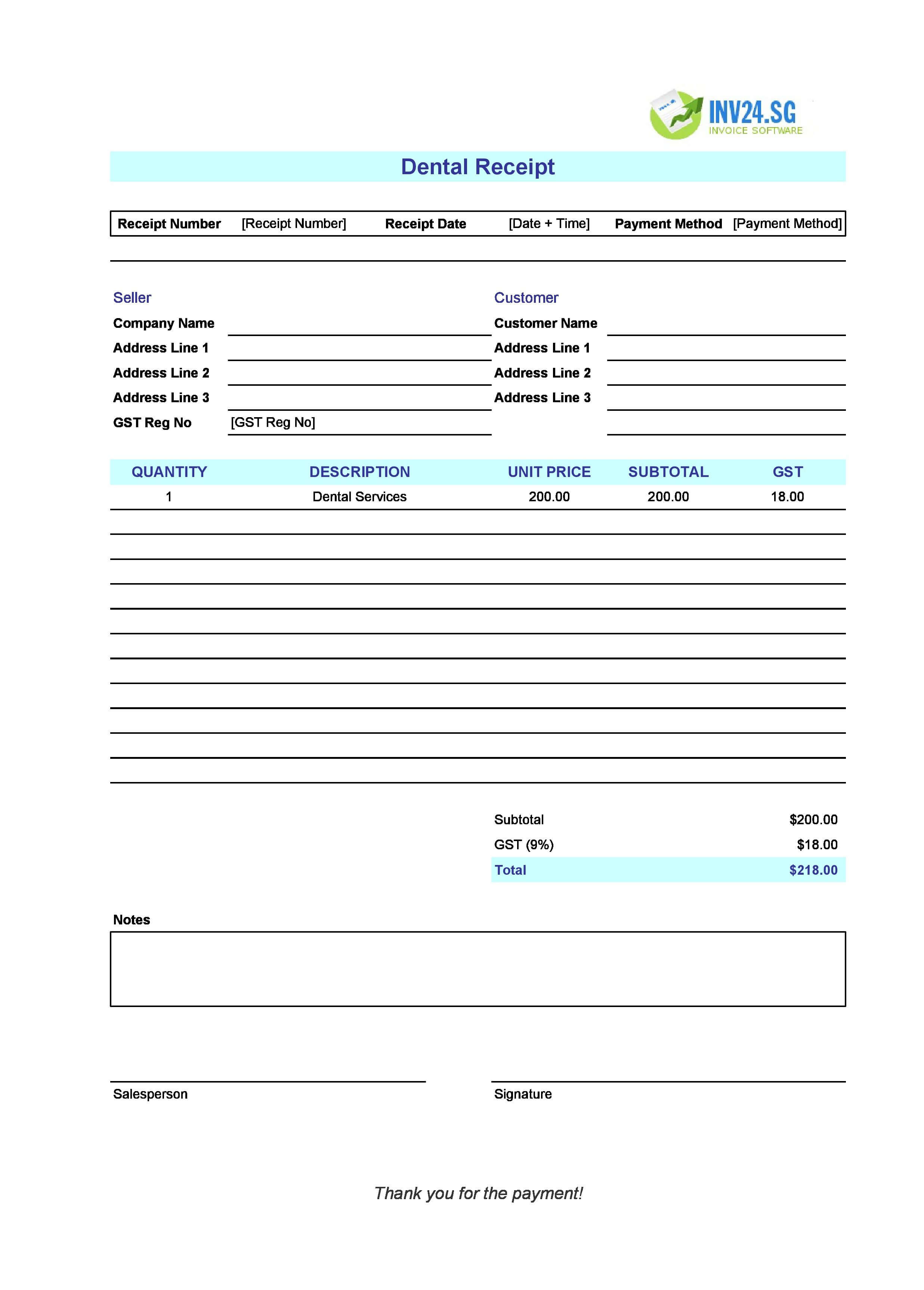 Dental Receipt Template for Singapore (Excel / Google Sheets)