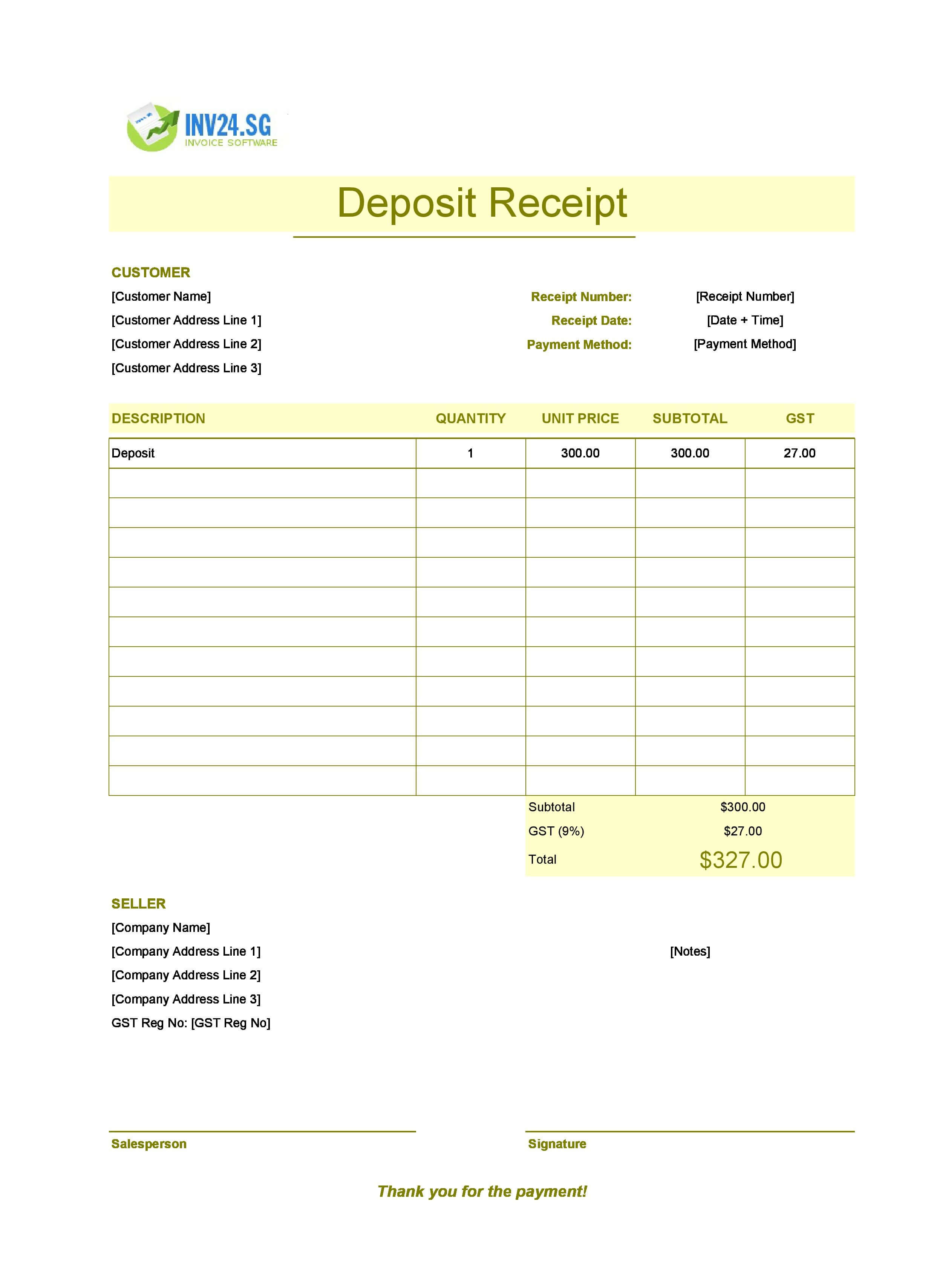 Deposit Receipt Template for Singapore (Excel / Google Sheets)